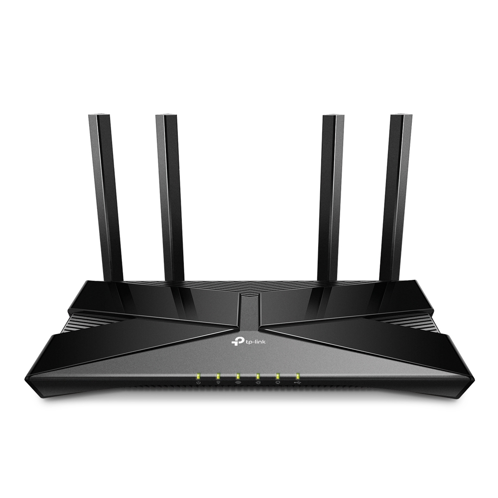 Een zwarte TP-Link router met vier antennes. Het heeft verschillende groene indicatielampjes en staat op een witte achtergrond.