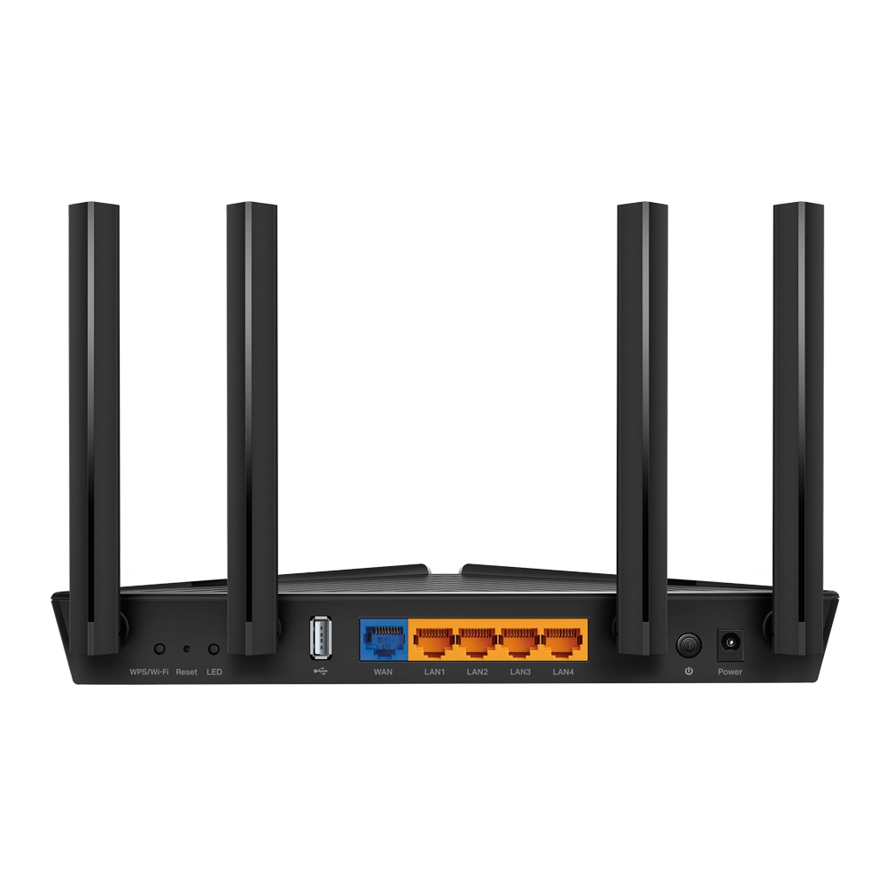 Zwarte TP-Link router met 4 antennes, meerdere poorten en aan/uit- en resetknoppen.