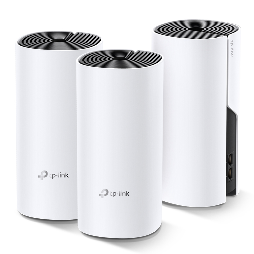 Drei weiße TP-Link Mesh-WLAN-Geräte werden gezeigt. Jedes ist zylindrisch mit schwarzer Oberseite. Das Logo ist vorne sichtbar.