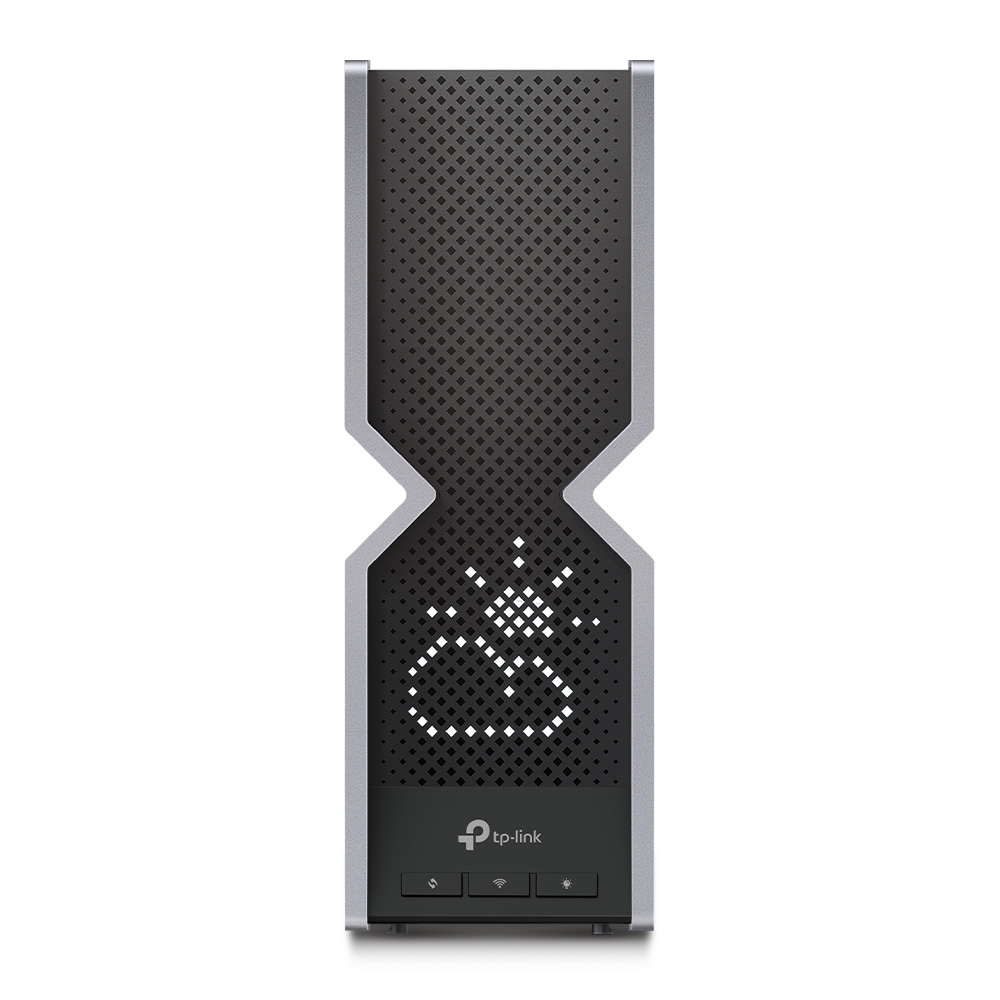 Een verticale TP-Link-router met zilveren zijkanten en een zwart midden met een gestippeld patroon. Het heeft een logo en diverse indicatielampjes.