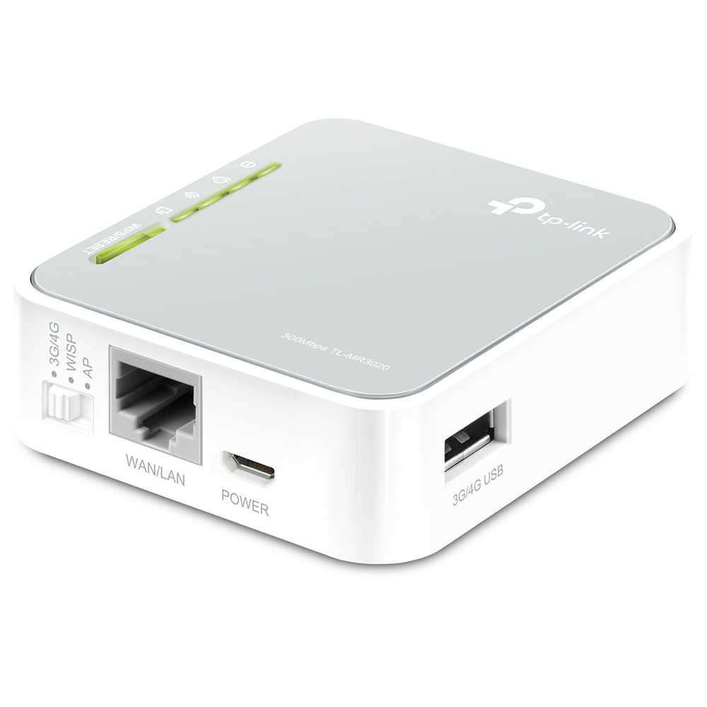Un router TP-Link blanco y gris. Tiene varios puertos, incluyendo WAN/LAN y USB. Hay luces de estado en la parte superior.