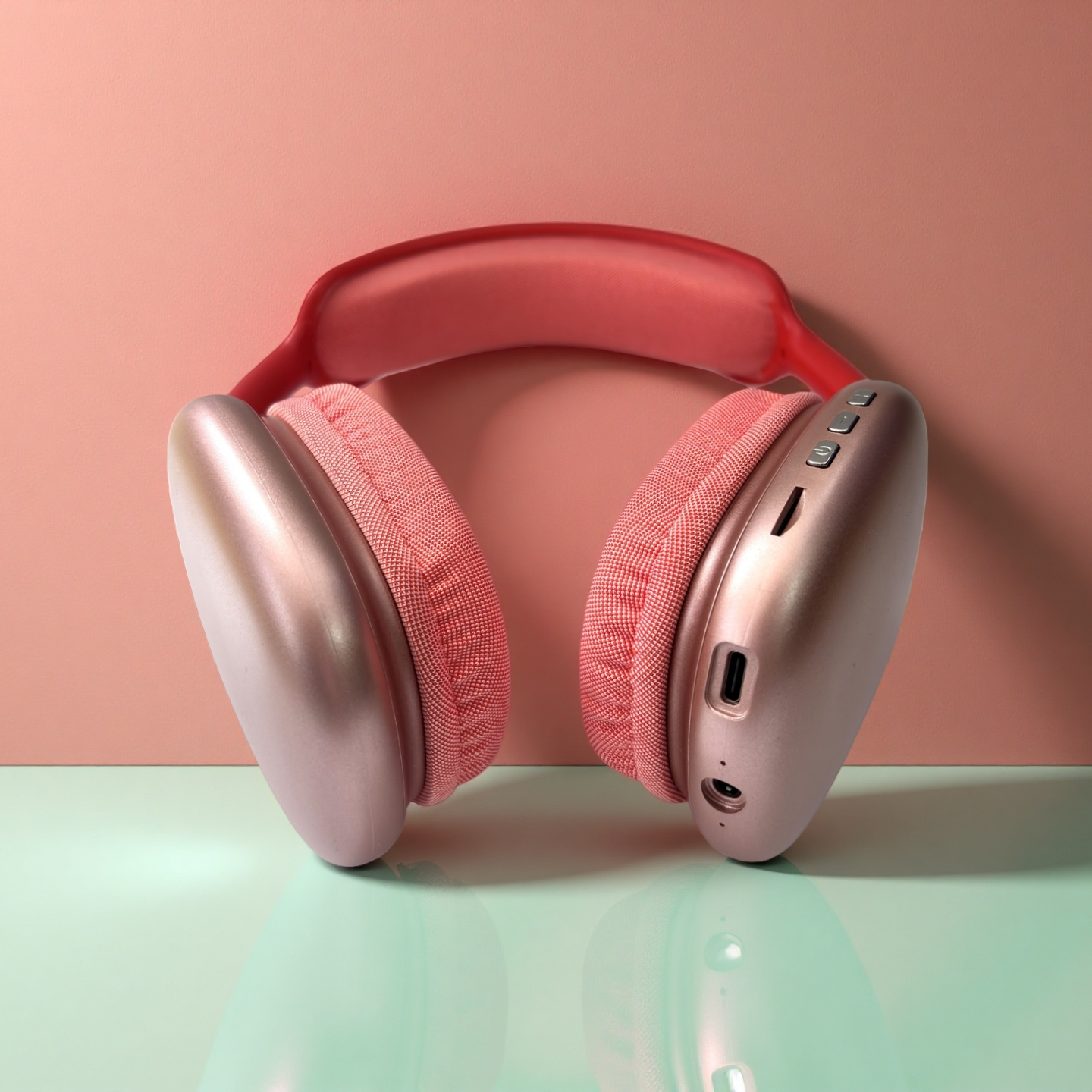 Auriculares rosa y oro rosa sobre una superficie verde reflectante contra un fondo rosa. Los auriculares están centrados.