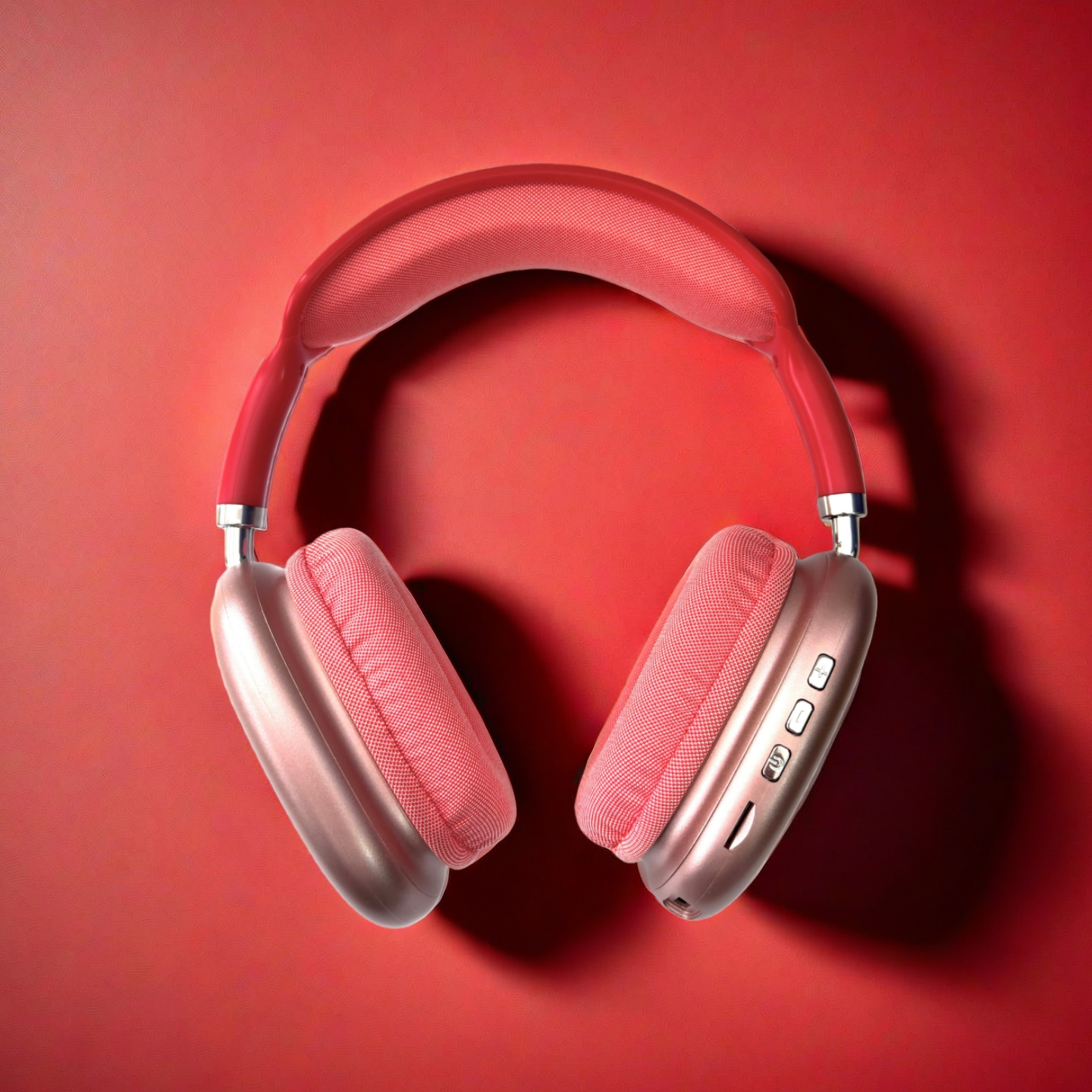 Auriculares rosas sobre fondo rojo. Los auriculares tienen diadema y orejeras rojas, con detalles y botones plateados.