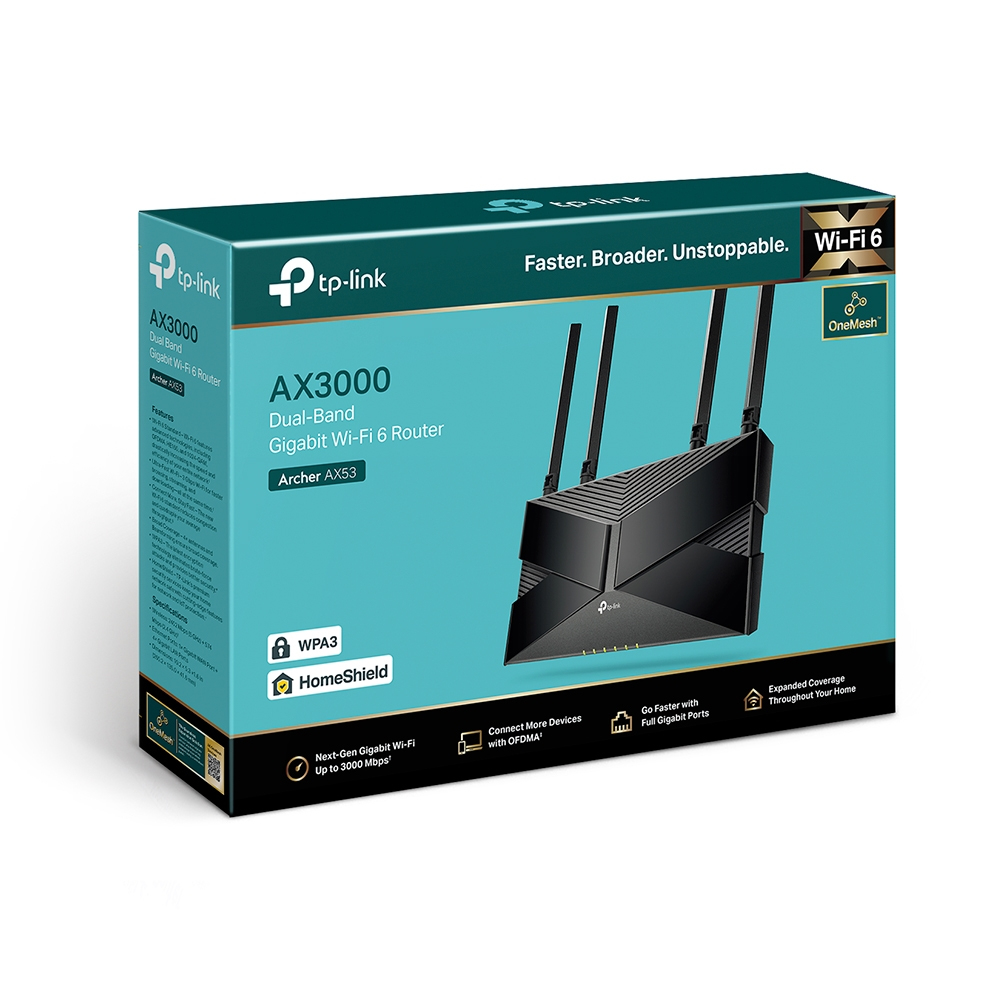 Pudełko routera TP-Link AX3000 Wi-Fi 6. Pokazuje czarny router z antenami. Tekst zawiera 'Dual-Band' i 'HomeShield'.