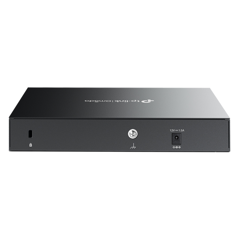 Een zwarte TP-Link Omada netwerkswitch. De achterkant heeft stroom- en netwerkpoorten. De bovenkant heeft de merknaam.