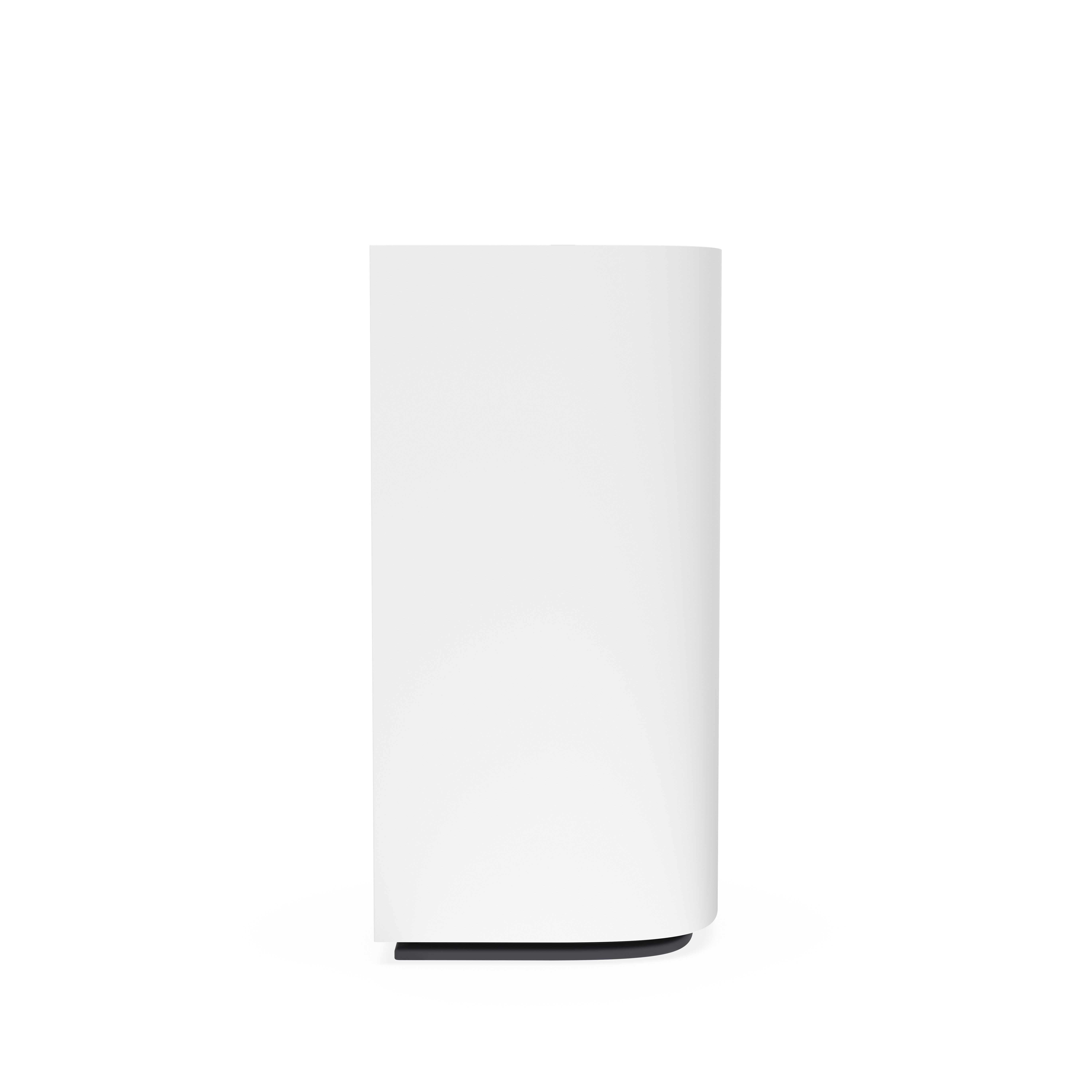 Un dispositivo bianco, rettangolare con bordi arrotondati, su una base nera e curva. Lo sfondo è bianco.