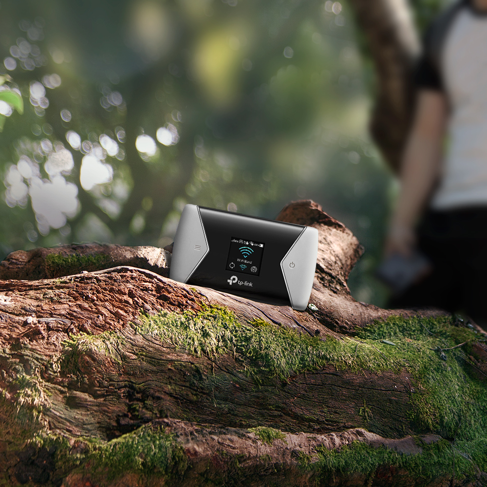 Router Wi-Fi TP-Link na omszonym pniu w lesie. Osoba jest lekko rozmyta w tle.