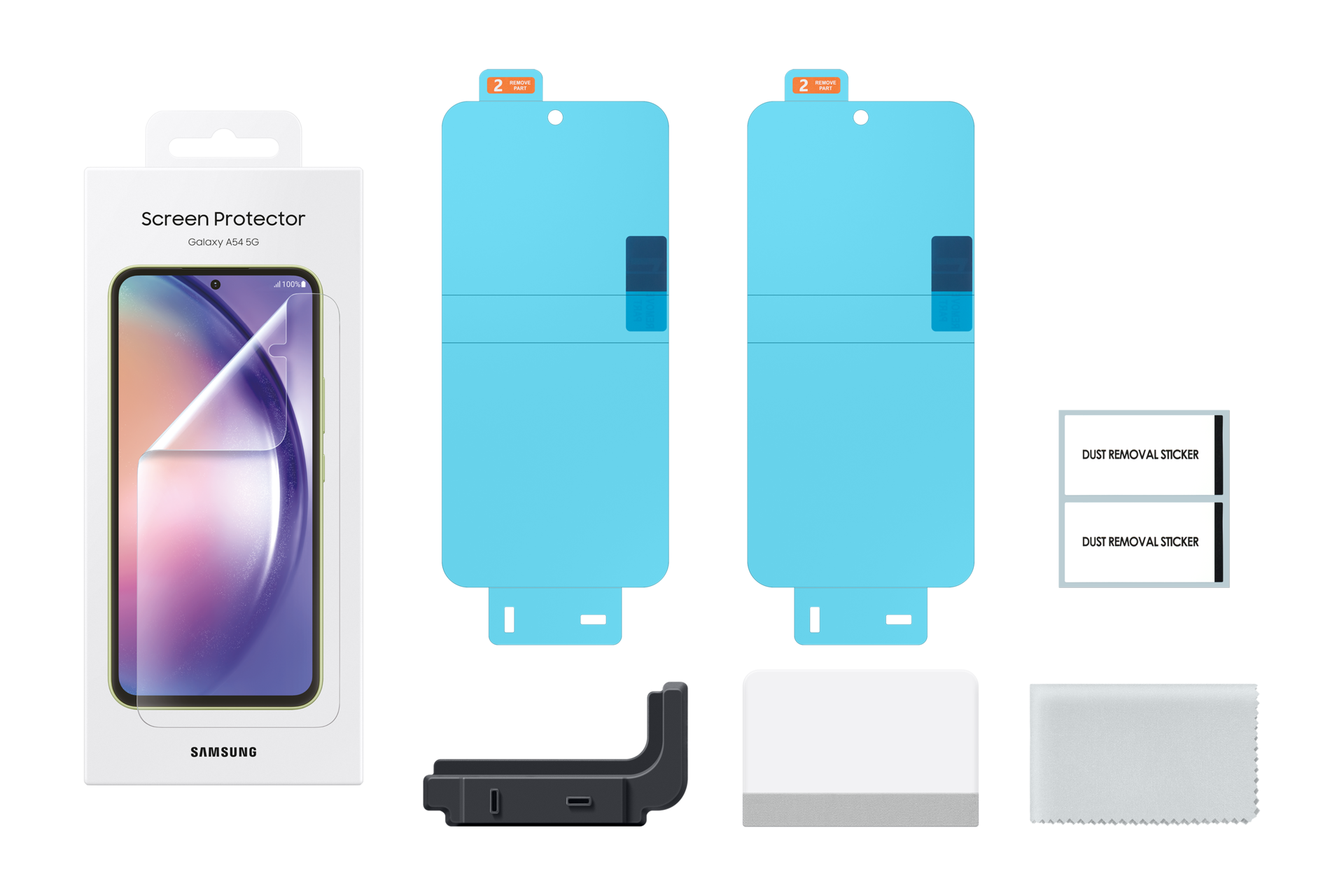 Ein Displayschutz-Kit für das Galaxy A54 5G. Enthält Displayschutzfolien, Staubaufkleber, einen Rakel und ein Reinigungstuch.