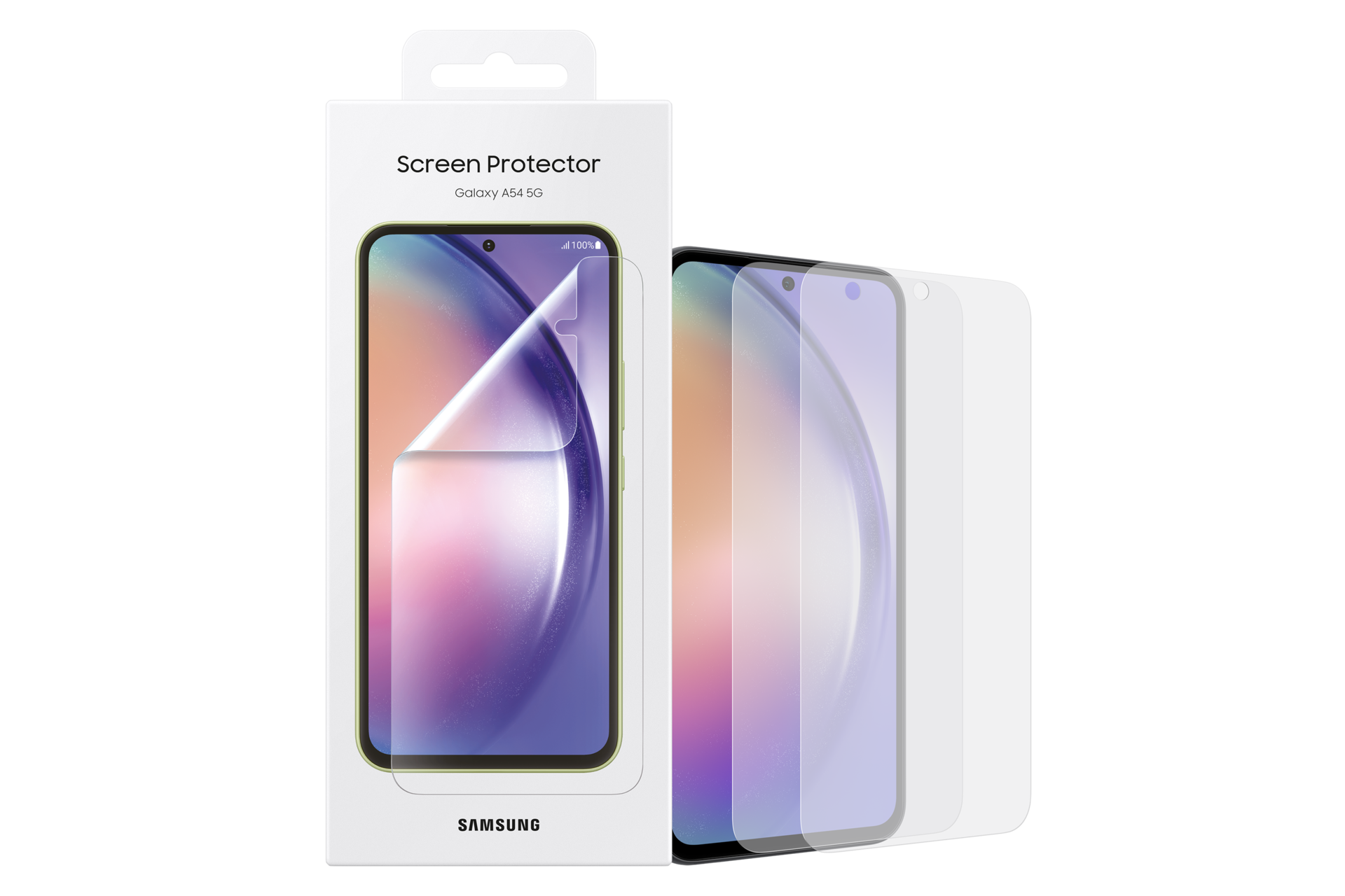 Eine Displayschutzfolien-Box für Samsung Galaxy A54 5G. Sie zeigt das Telefon und zusätzliche Displayschutzfolien.