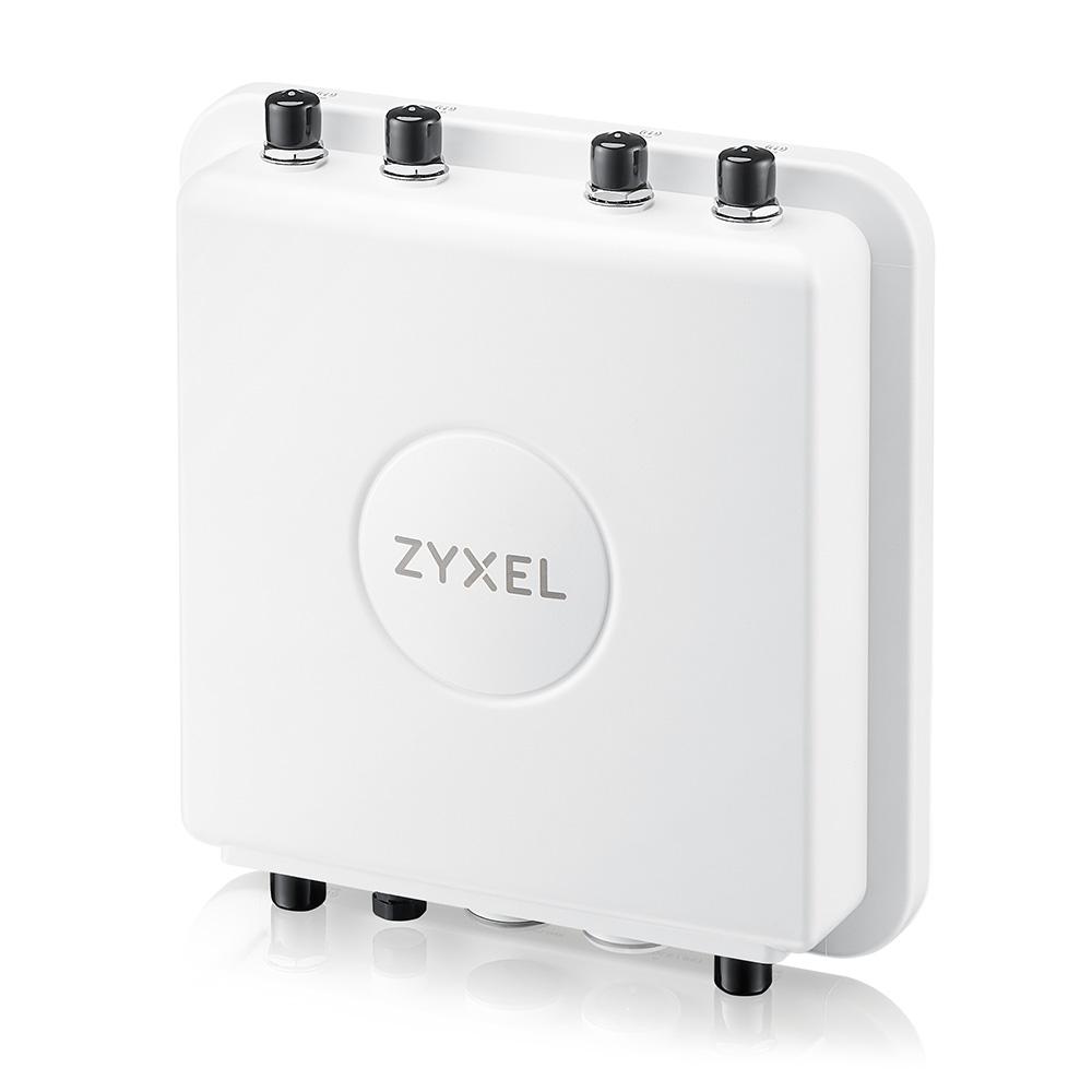 Un access point Zyxel bianco con quattro manopole nere sopra e quattro piedini neri sotto, su una superficie bianca.