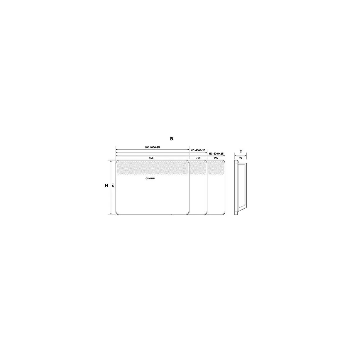Diagramm eines Bosch-Geräts. Es zeigt Abmessungen in Millimetern. Beschriftete Teile sind: HC 4000-15, HC 4000-20, HC 4000-25.