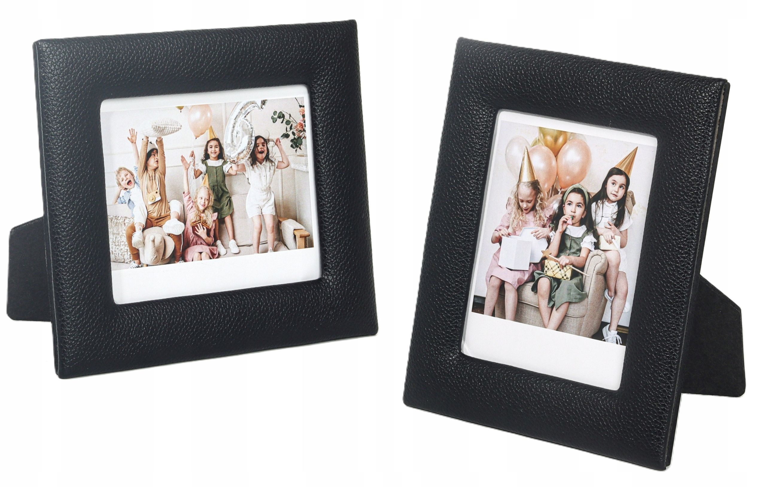 Dwie czarne ramki na zdjęcia. Każda zawiera zdjęcie dzieci. Jedna pokazuje dzieci świętujące, druga dzieci z czapkami na imprezę.