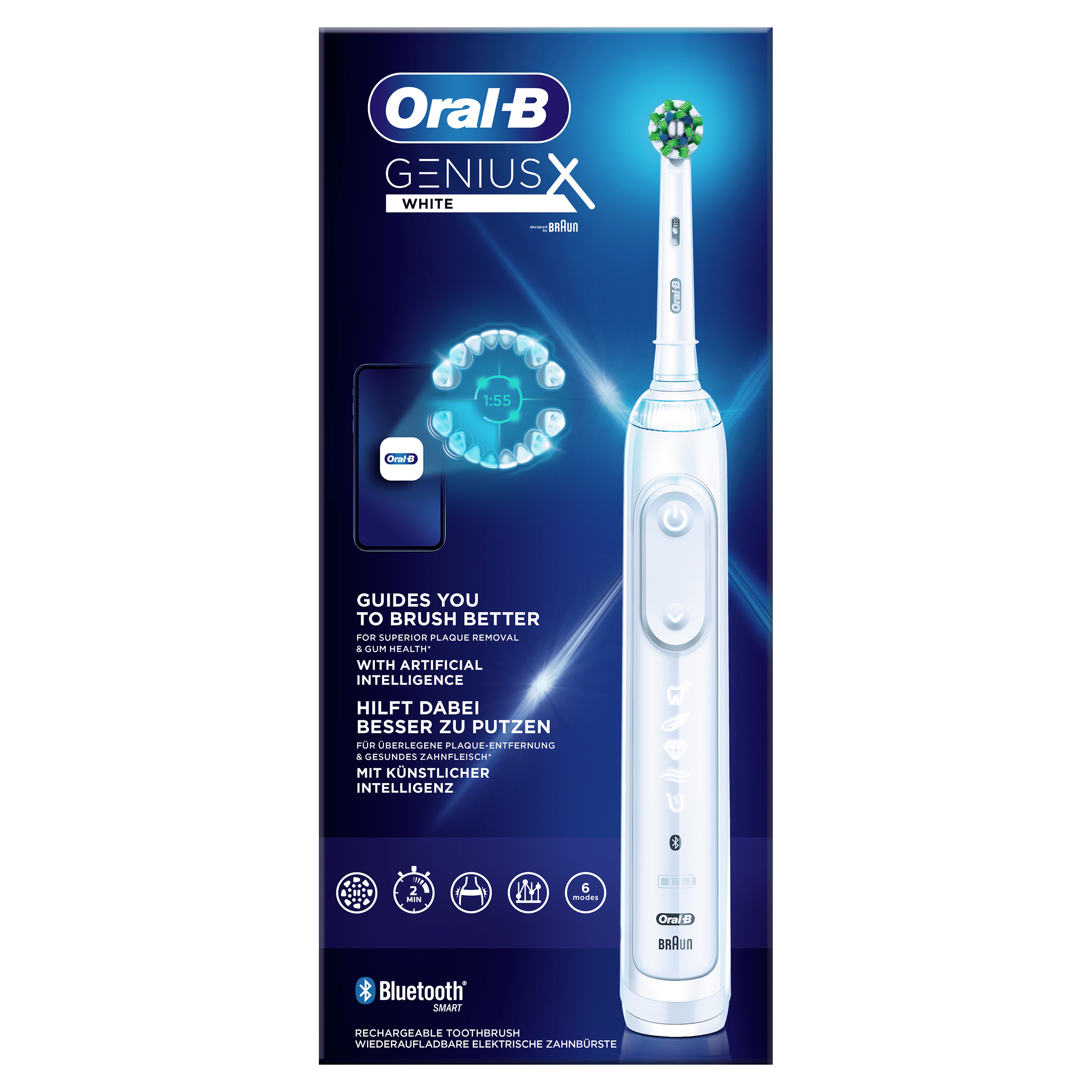 Un cepillo de dientes eléctrico Oral-B Genius X con mango blanco y caja azul. Tiene un icono de teléfono.