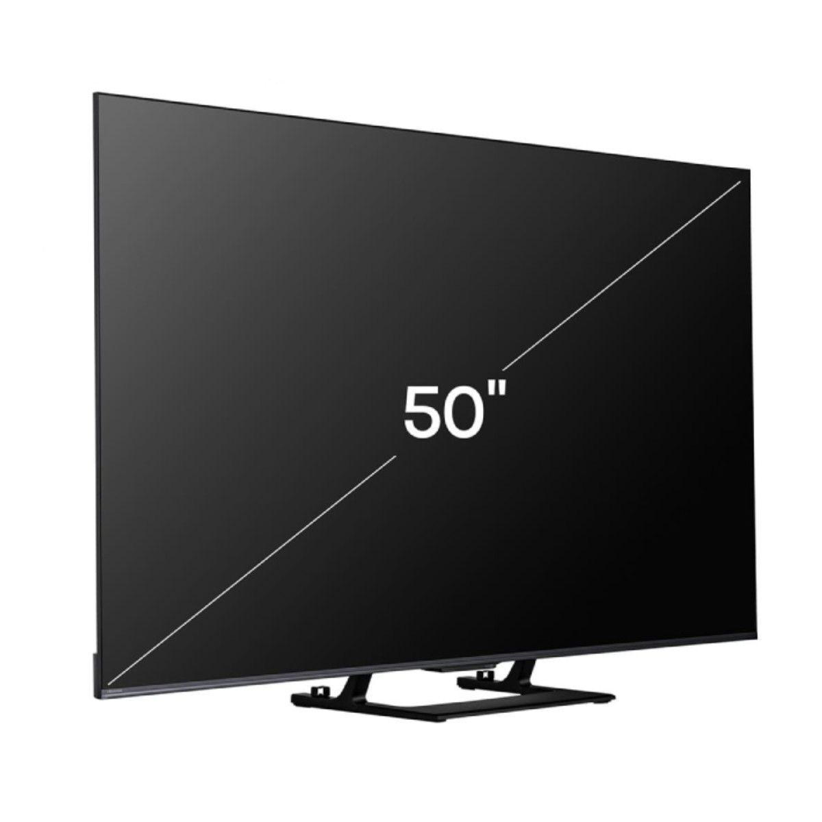 Czarny telewizor 50-calowy z napisem 50" na ekranie, stojący na czarnym stojaku. Ekran ma białą przekątną linię.