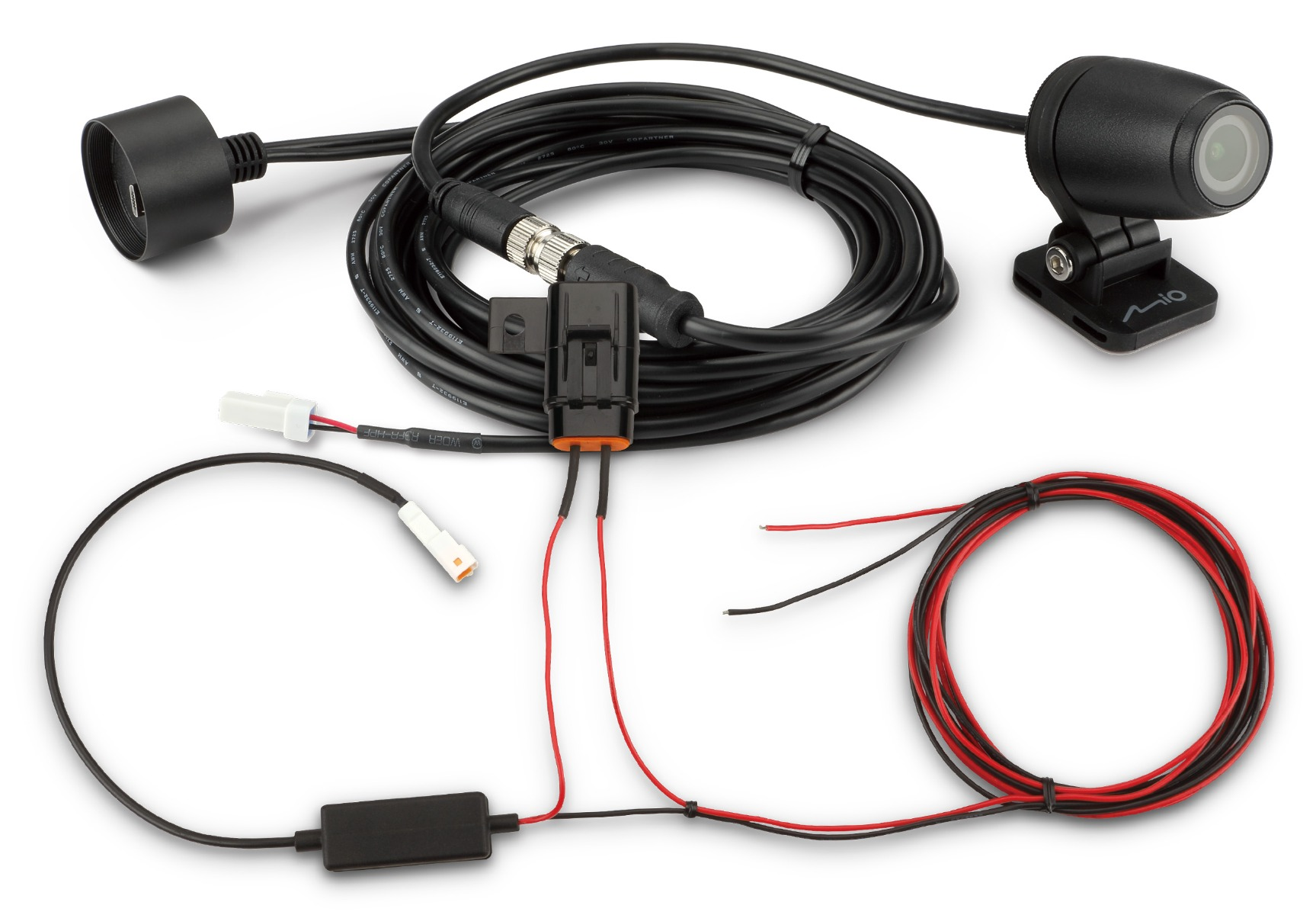 Black dash cam components on white. Includes a camera, cables, connectors, and a power adapter. The items are arranged on a white background.