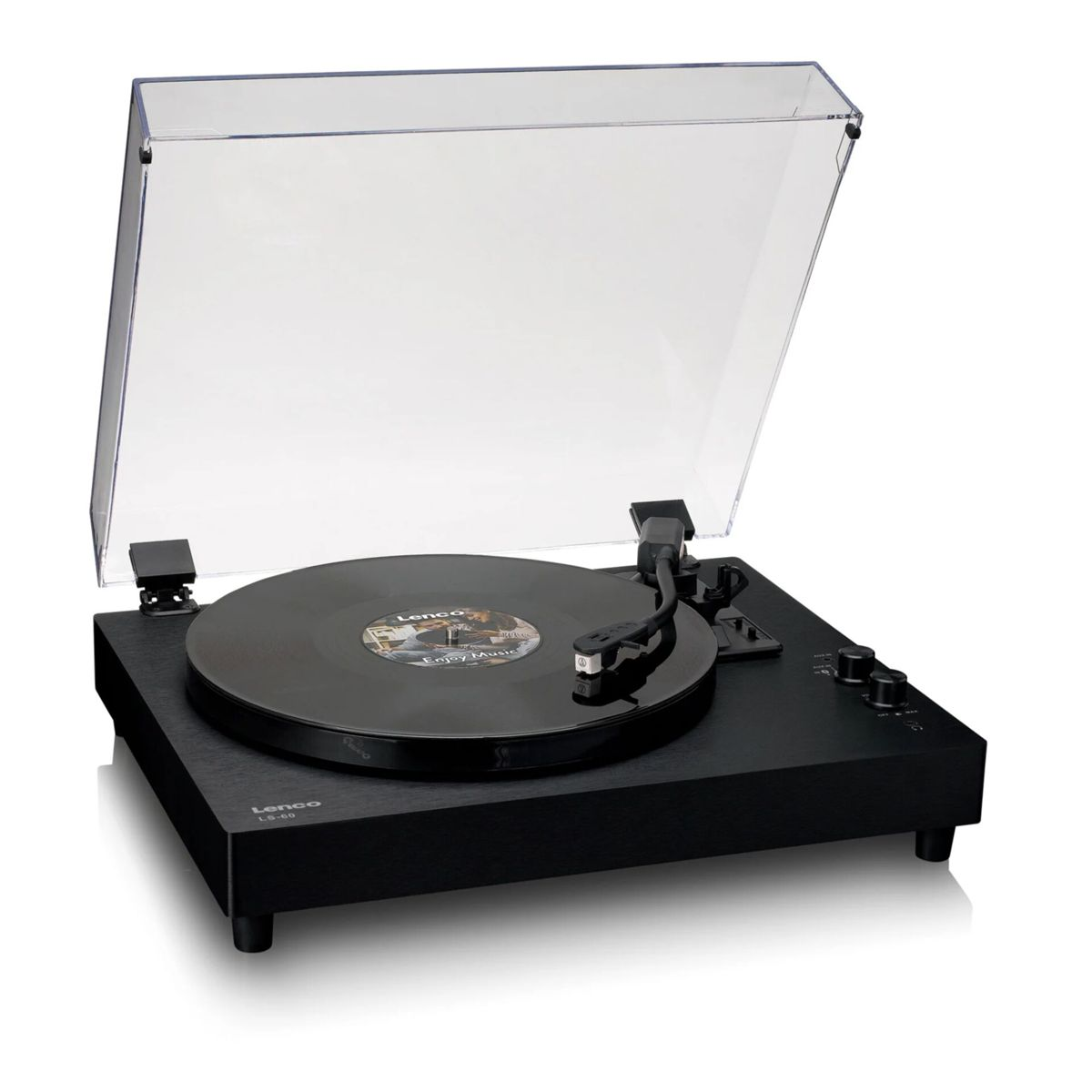 Black Lenco LS-60 record player with a clear dust cover open. A black record is on the turntable. Controls are on the right.