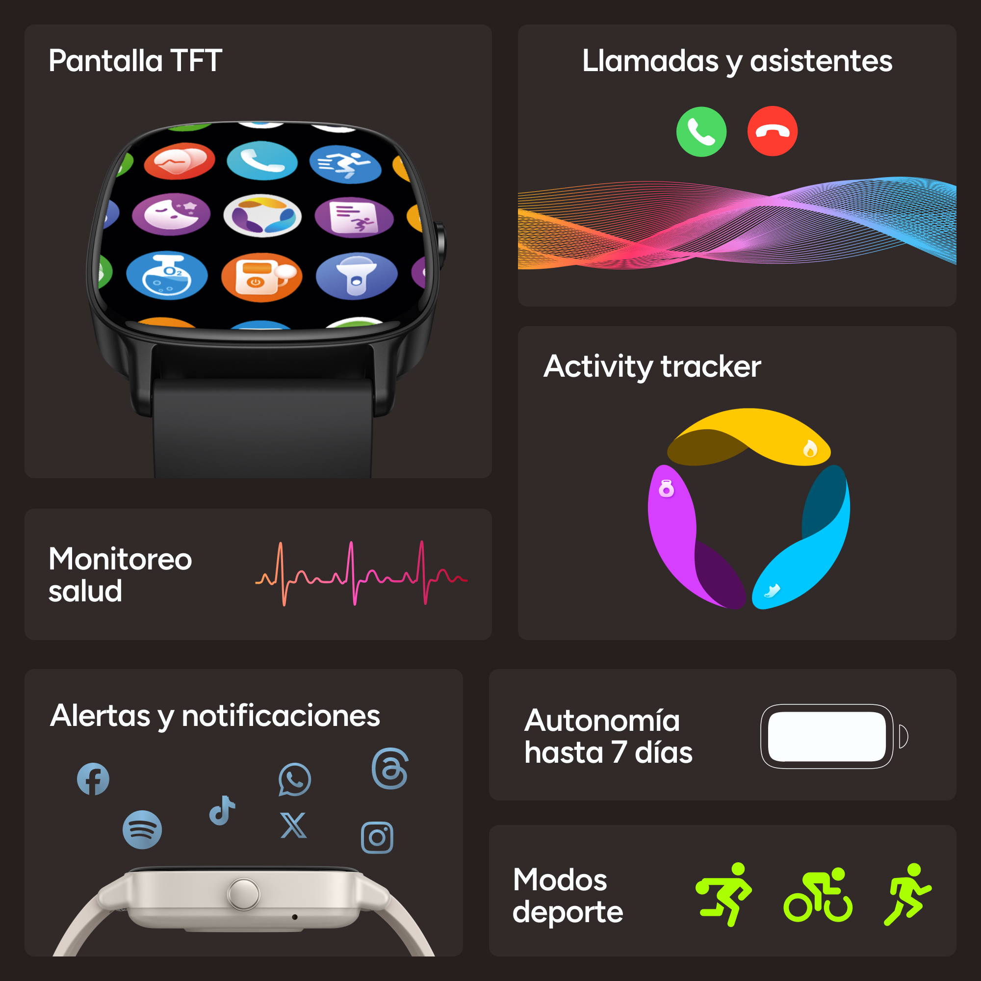 Smartwatch mit schwarzer Lünette und Bildschirm mit Symbolen. Funktionen umfassen Anruf, Gesundheitsüberwachung, Aktivitätsverfolgung und Sportmodi.