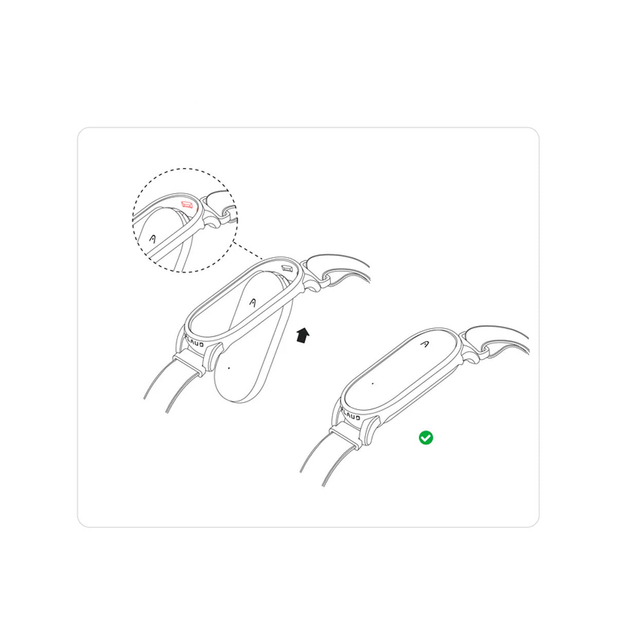 Diagrama muestra la fijación de una correa de reloj. Vista ampliada resalta el punto de fijación. Una marca de verificación verde indica fijación correcta.