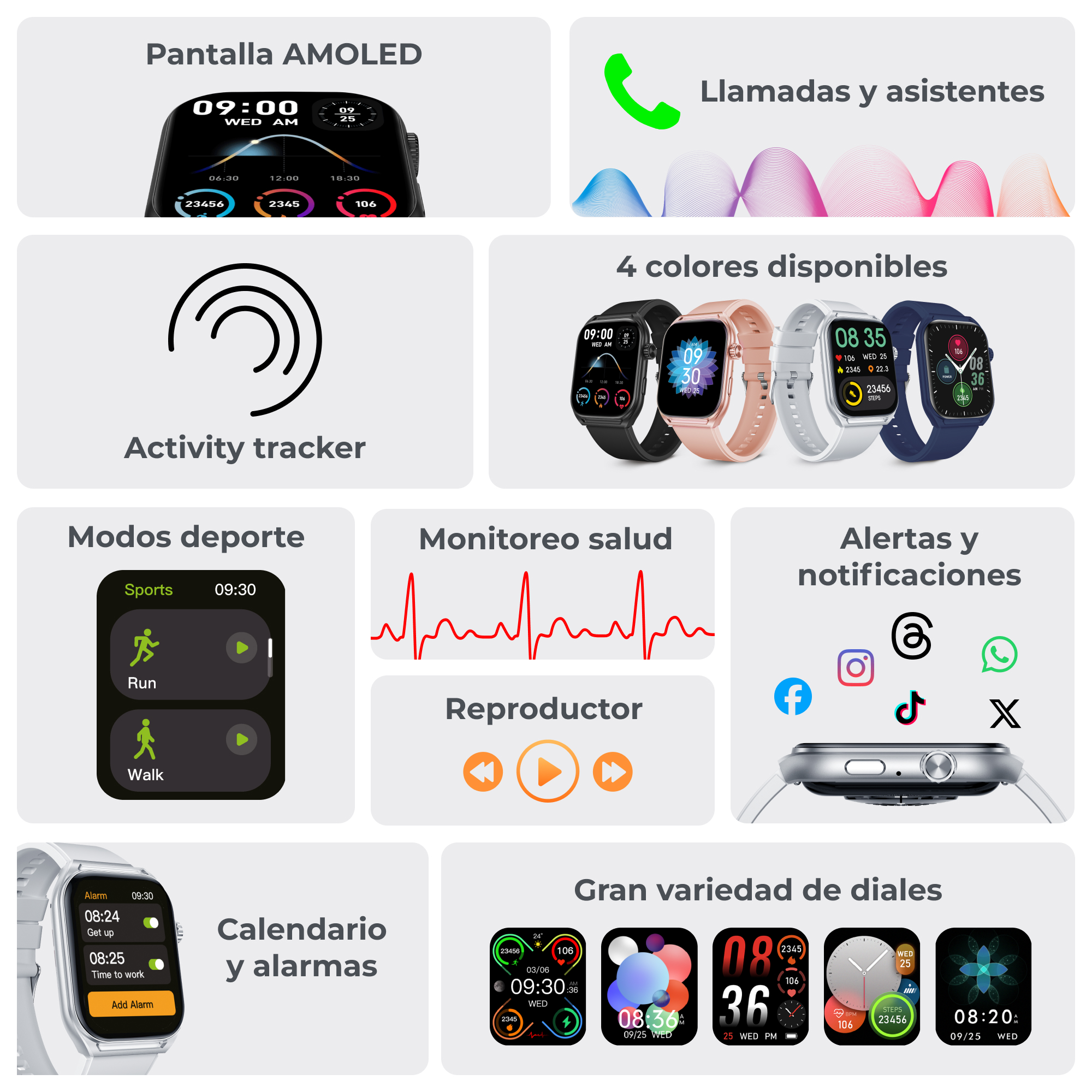 Smartwatch con varie funzioni: visualizzazione dell'ora, monitoraggio della salute, modalità sport, notifiche e diverse opzioni di quadrante.