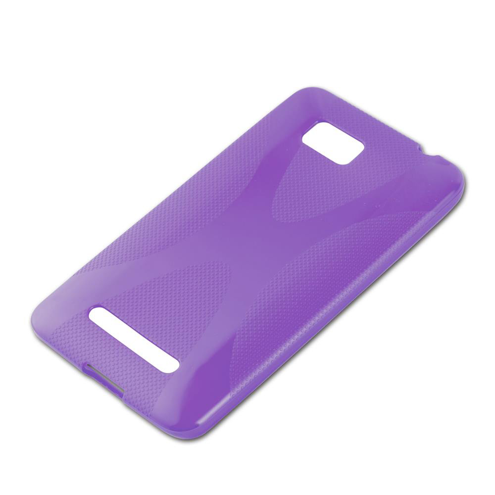 Una custodia per telefono viola con ritagli per fotocamera e pulsanti. Ha una superficie strutturata e si trova su sfondo bianco.