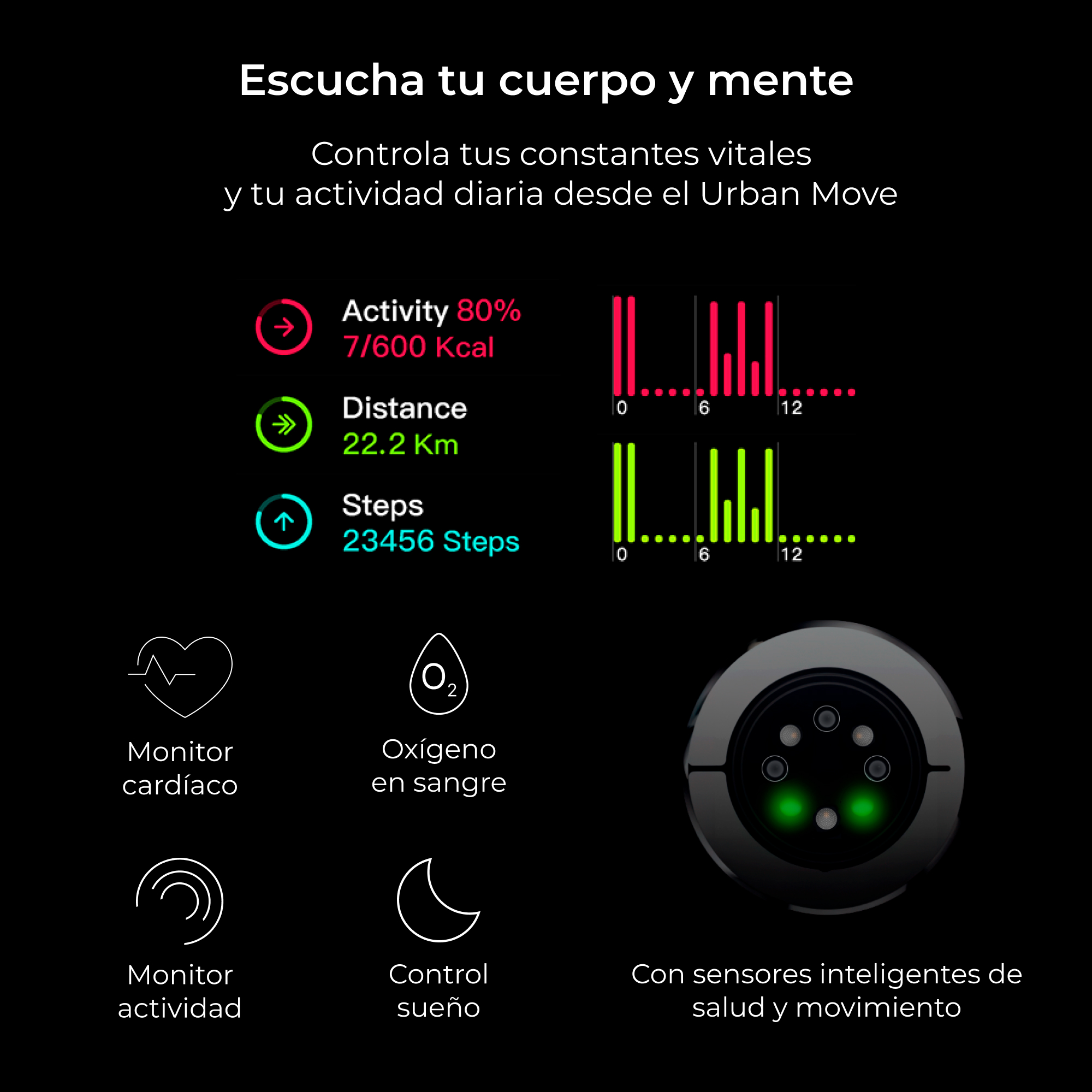 Fondo negro con texto e iconos. Se muestra actividad, distancia y pasos. También se ve un reloj con luces verdes.