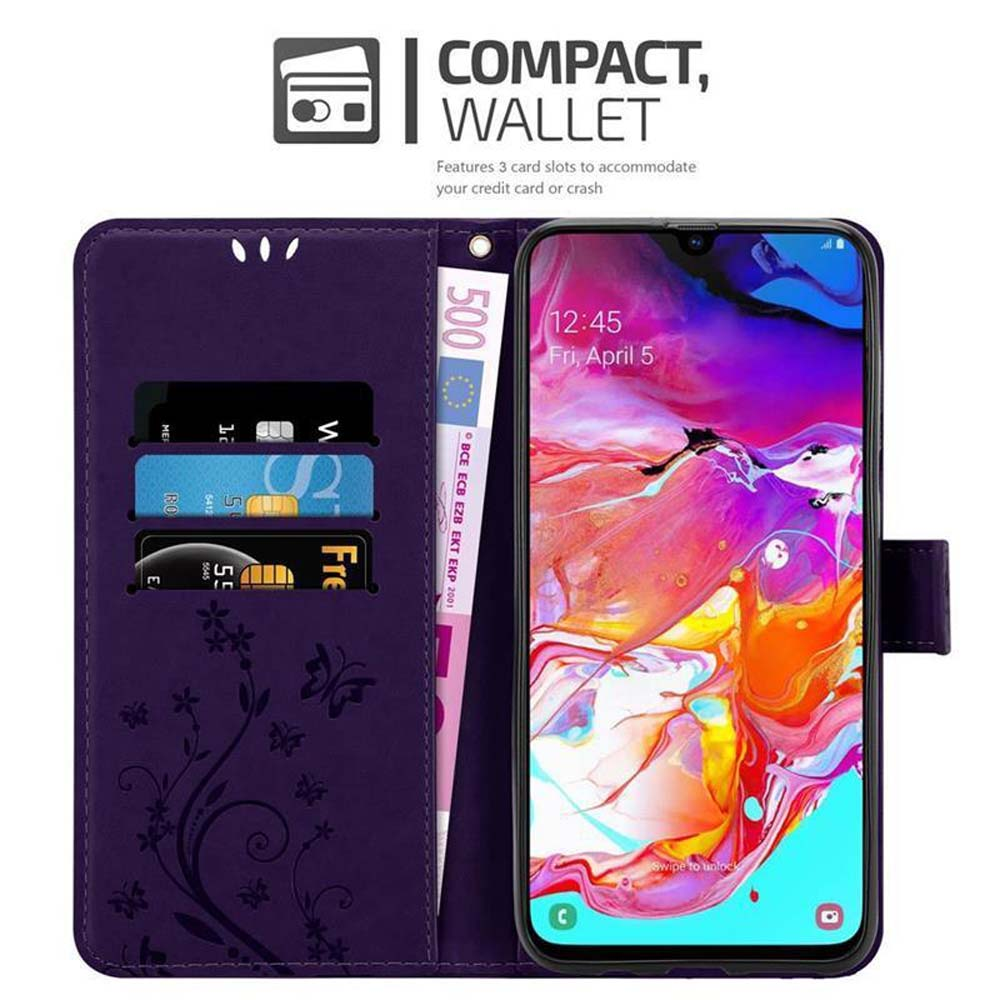 Portafoglio viola con telefono, schermo colorato. Contiene carte di credito e una banconota da 500 euro.
