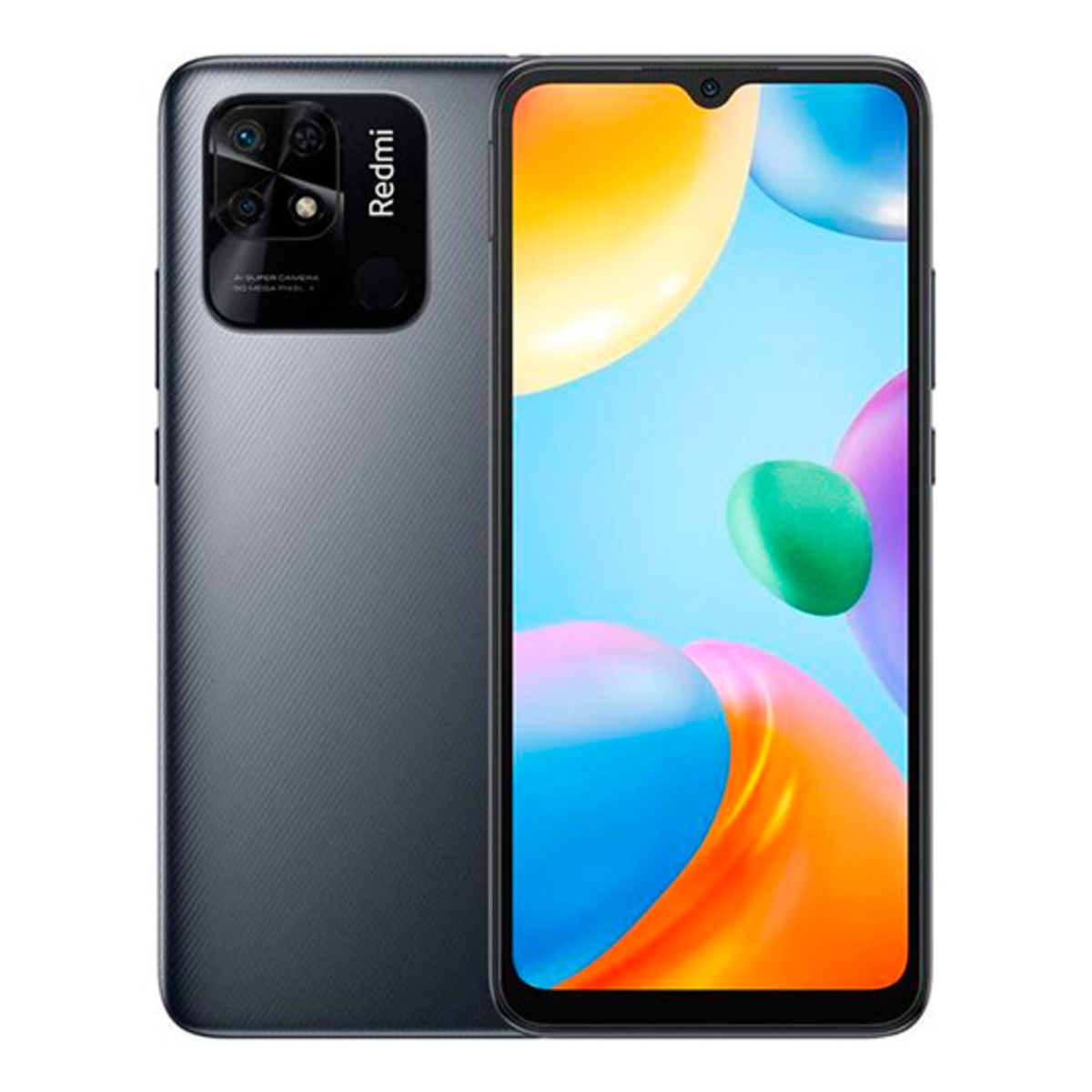 Dunkelgraues Redmi-Smartphone. Der Bildschirm zeigt bunte, abstrakte Formen. Die Rückseite hat ein Kameramodul und das Redmi-Logo.