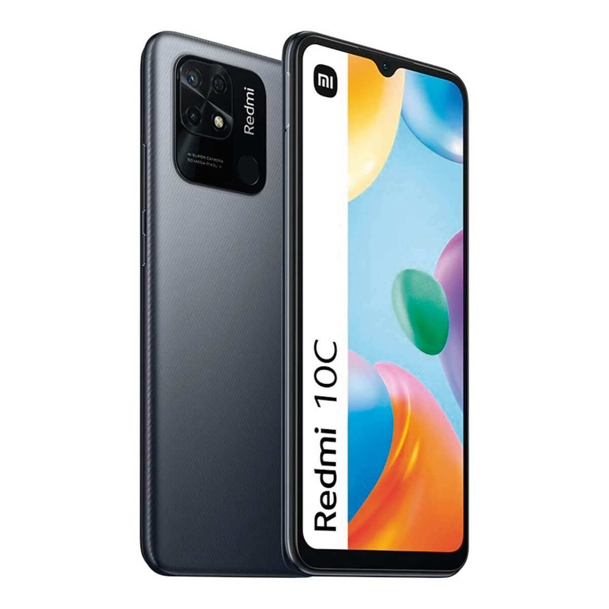 Ein dunkelgraues Redmi 10C Smartphone wird gezeigt. Der Bildschirm hat ein farbenfrohes abstraktes Design. Das Telefon hat eine Dreifachkamera und das Redmi-Logo.