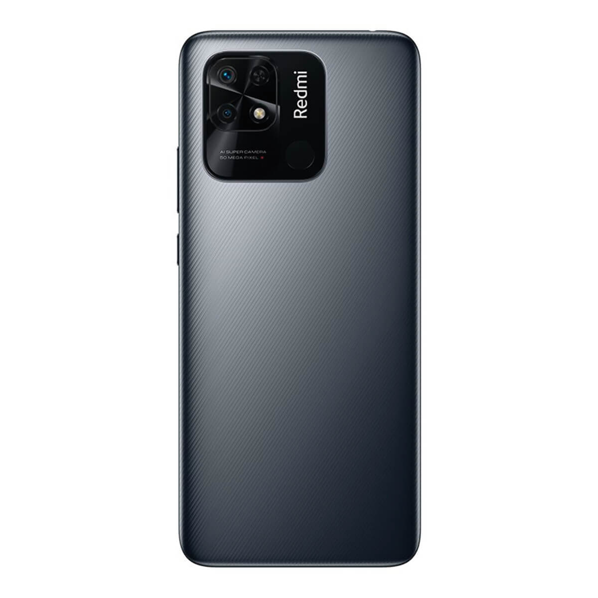Rückansicht eines dunkelgrauen Redmi-Smartphones. Es hat ein Kameramodul mit drei Objektiven und das Redmi-Logo.