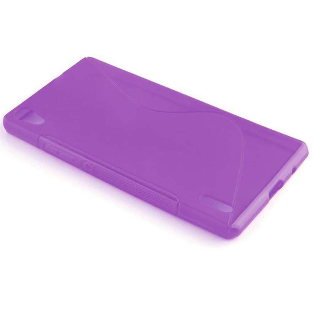 Una custodia viola per telefono è appoggiata su una superficie bianca. La custodia ha una parte superiore liscia e un lato strutturato.