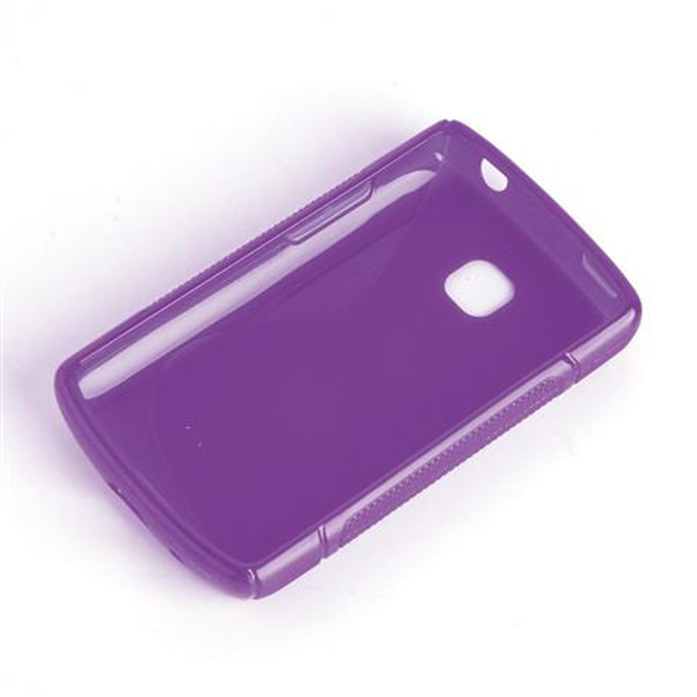 Una custodia per telefono viola su una superficie bianca. Ha una finitura lucida e una forma rettangolare con angoli arrotondati.