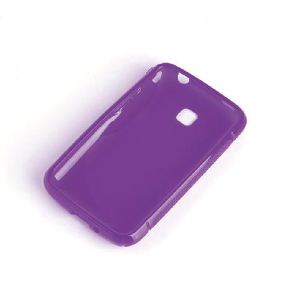 Una custodia viola per telefono, leggermente angolata, è appoggiata su uno sfondo bianco. Ha ritagli per la fotocamera e altre funzioni.