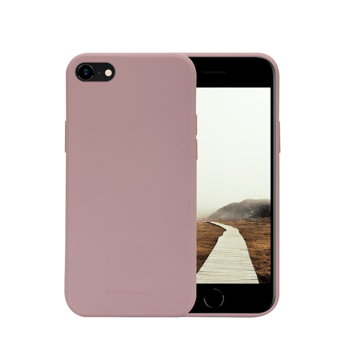 Un telefono in una custodia rosa polverosa. Lo schermo mostra un sentiero di legno attraverso un paesaggio. Sfondo bianco.