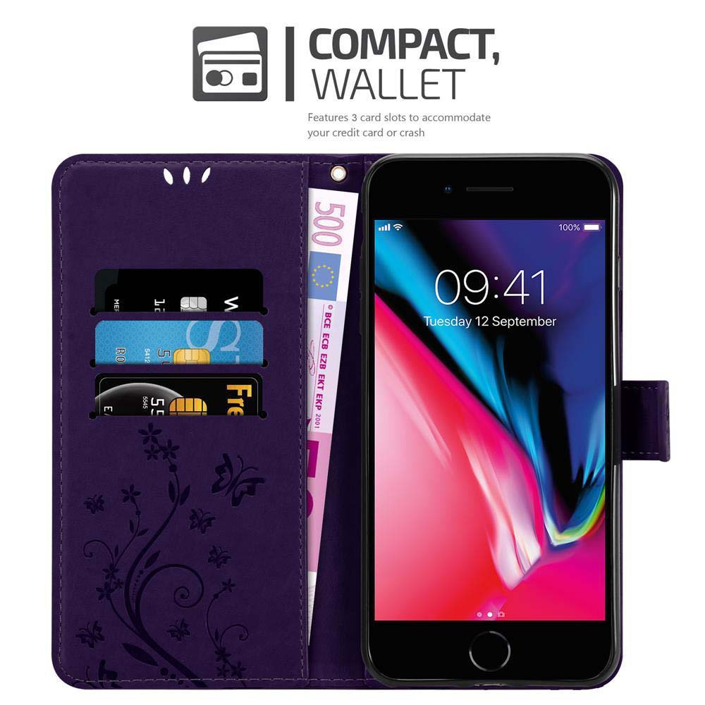 Custodia a portafoglio viola con telefono e carte all'interno. Banconota da 500 euro visibile. Testo: 'Compact Wallet'.