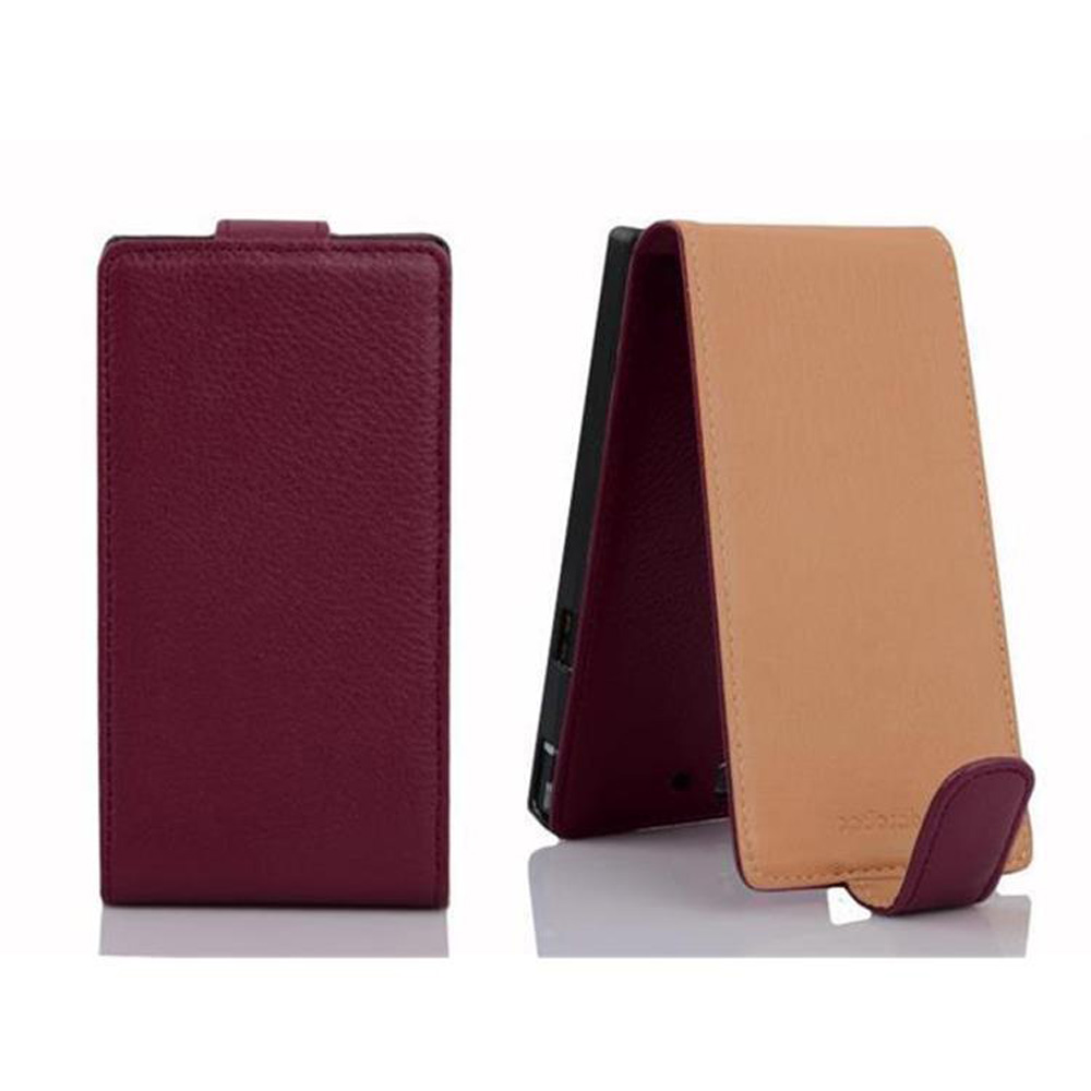 Se muestran dos fundas para smartphones. Una está cerrada, burdeos. La otra está abierta, color canela y burdeos.