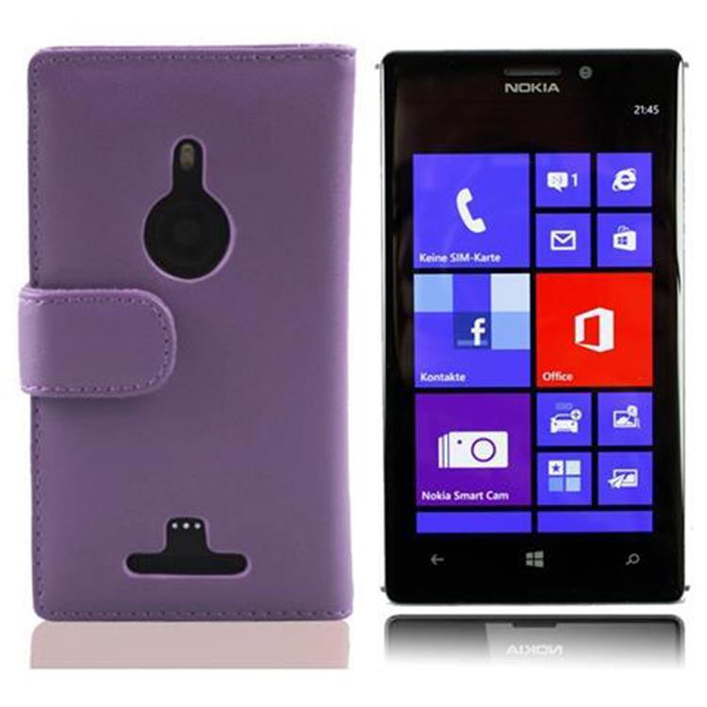 Un téléphone Nokia avec un étui violet. L'écran affiche des applications. L'étui est ouvert, montrant le téléphone et son couvercle.
