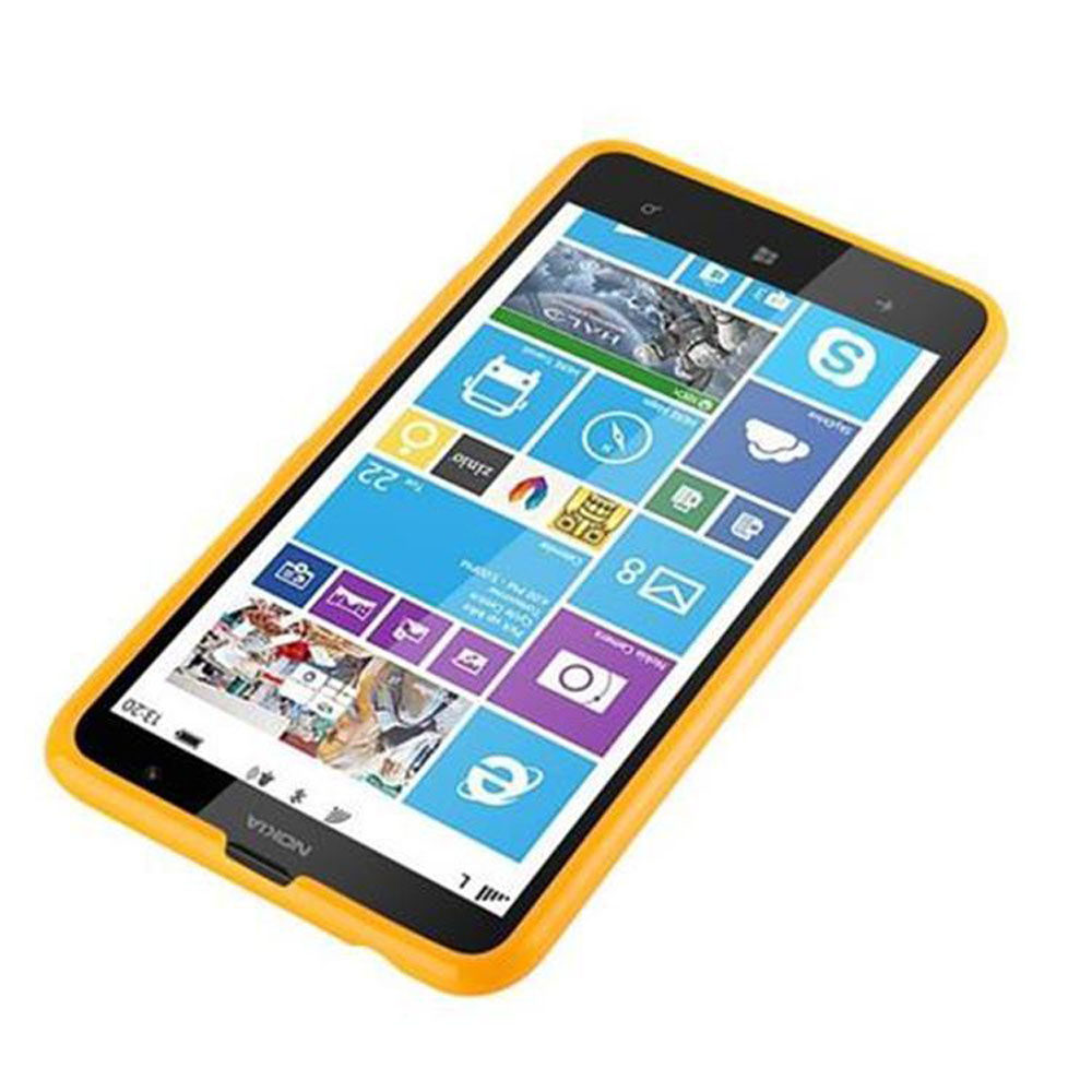 Un smartphone Nokia à cadre jaune affiche une interface Windows avec des icônes d'applications. L'écran montre diverses apps.