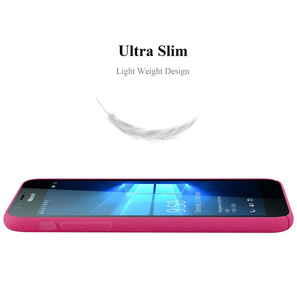Ein pinkfarbenes Telefon mit schwarzem Bildschirm wird angezeigt. Darüber stehen die Worte 'Ultra Slim' und 'Light Weight Design' mit einer Feder.