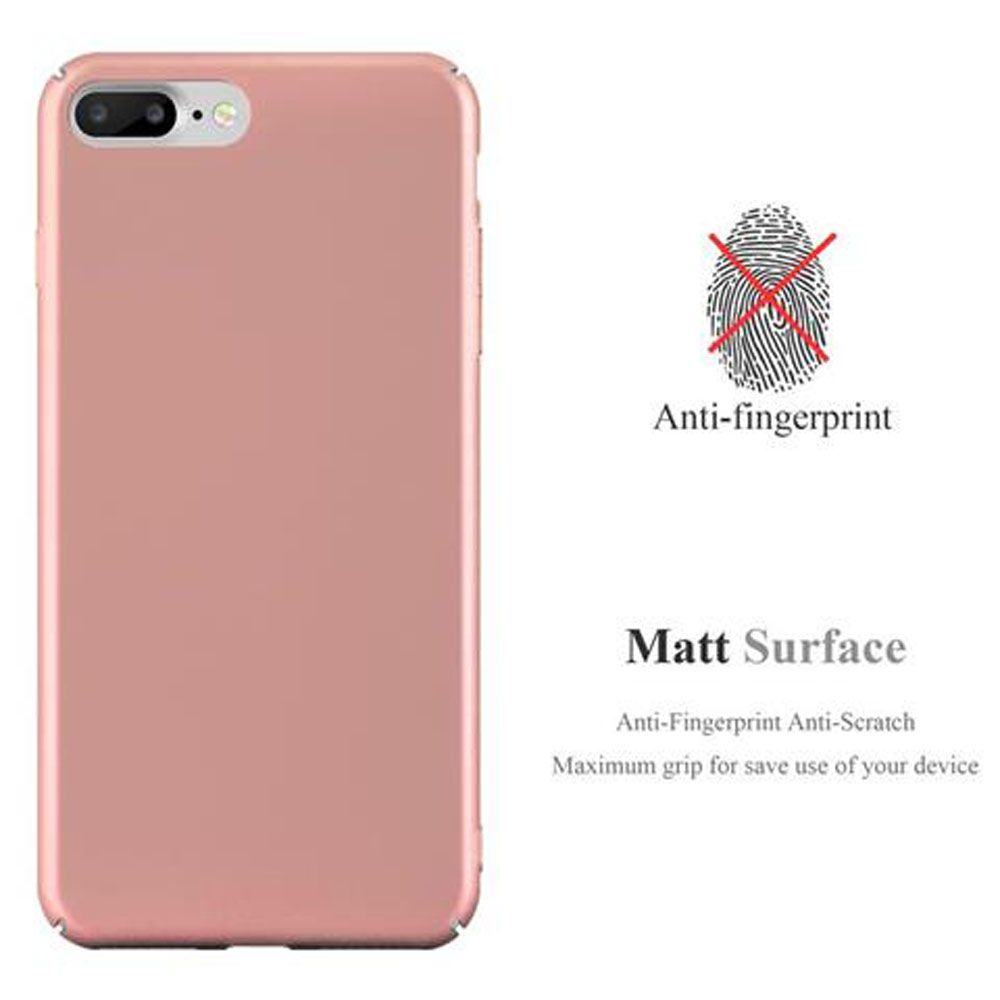 Viene mostrata una custodia per telefono color oro rosa, insieme al testo che indica che è anti-impronta e ha una superficie opaca.
