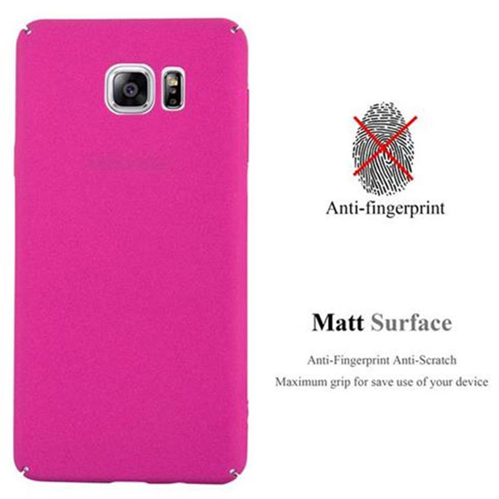 Eine pinkfarbene Handyhülle mit Kamera und Blitz. Text: 'Anti-Fingerprint' und 'Matt Surface', mit Fingerabdruck-Symbol.
