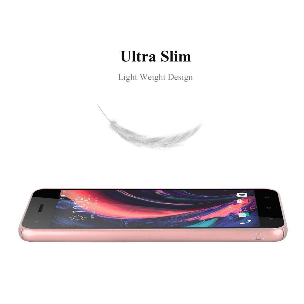 Uno smartphone color oro rosa è appoggiato su una superficie bianca. Sopra, le parole 'Ultra Slim, Light Weight Design' e una piuma.