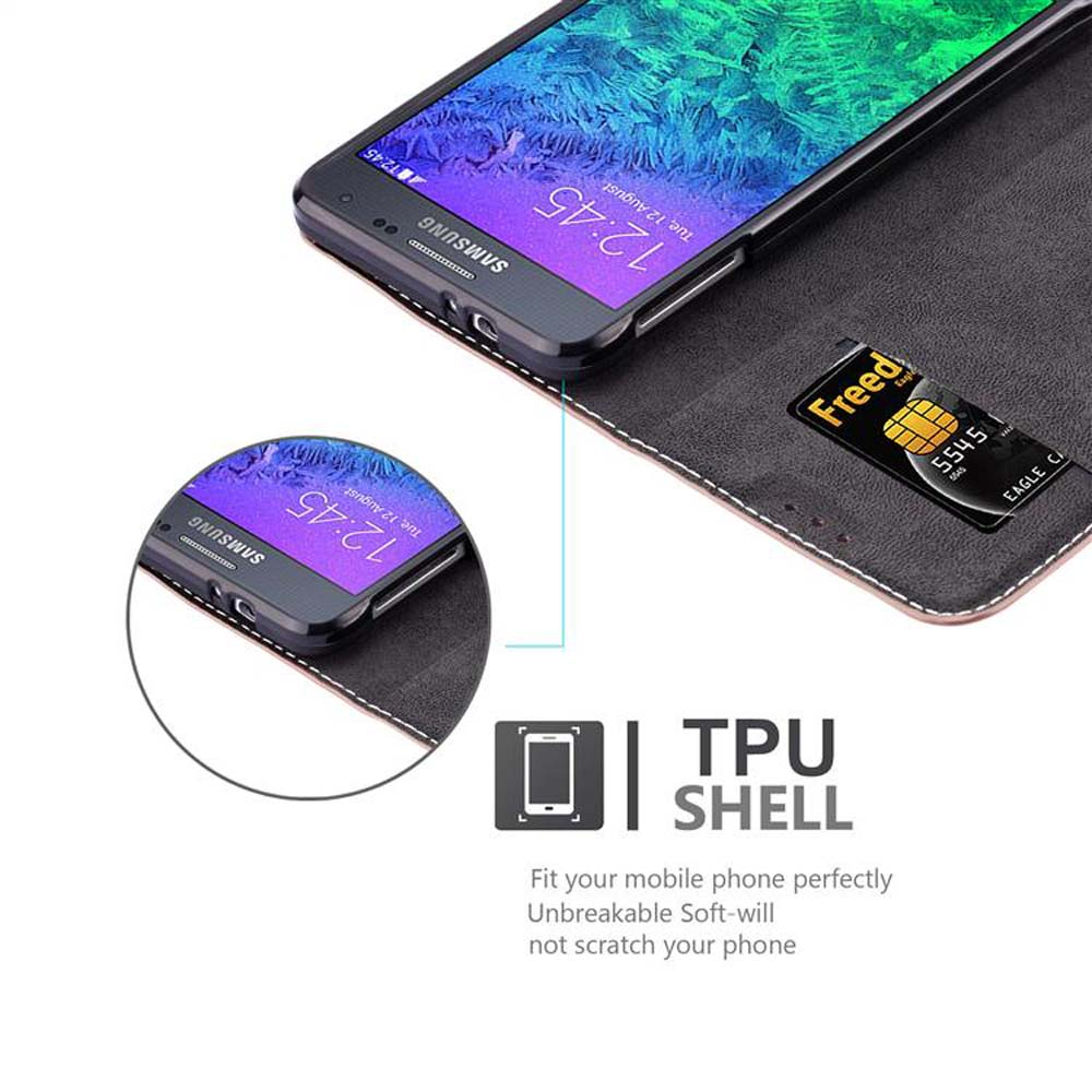 Ein Samsung-Telefon zeigt 12:45 Uhr an. Es befindet sich in einer TPU-Schalenhülle mit einer Freed-Karte. Text sagt: 'Passen Sie Ihr Telefon perfekt an'.