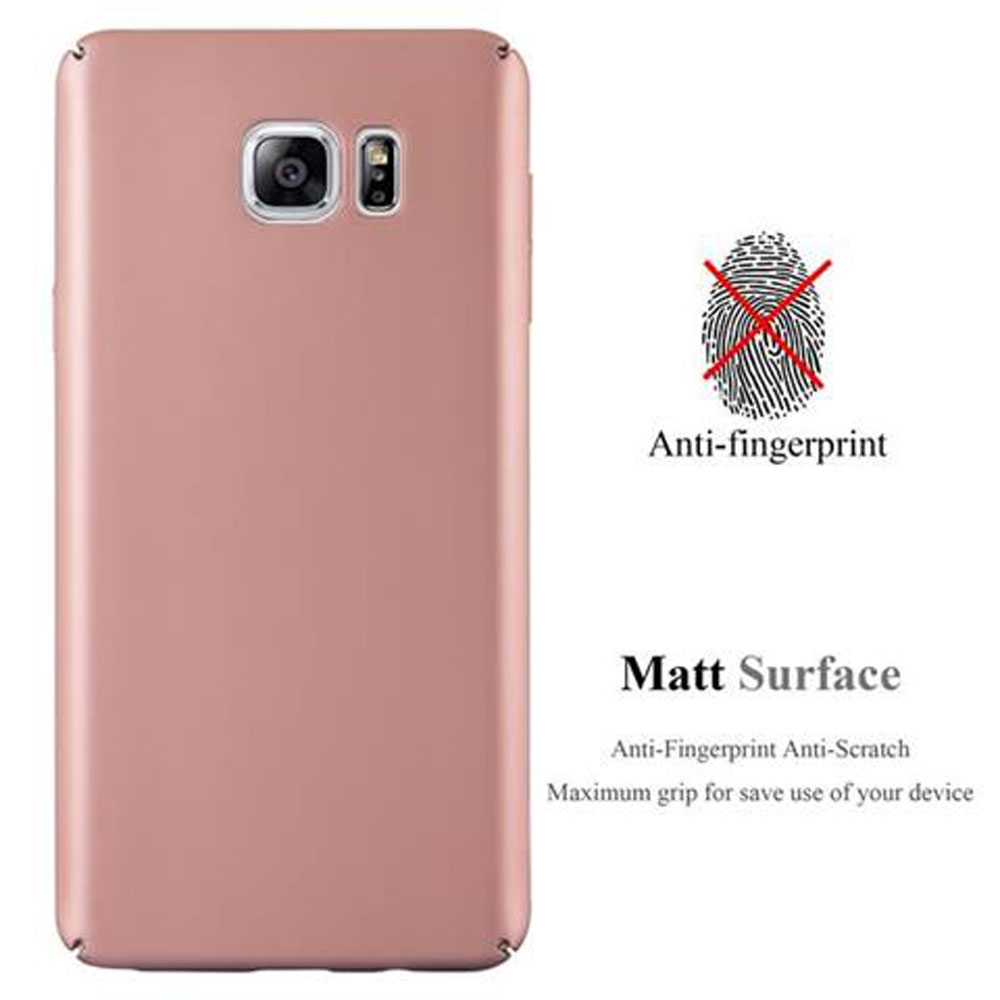 Roségoldfarbene Handyhülle. Eigenschaften sind Anti-Fingerprint, matte Oberfläche und maximaler Grip. Text beschreibt Features.