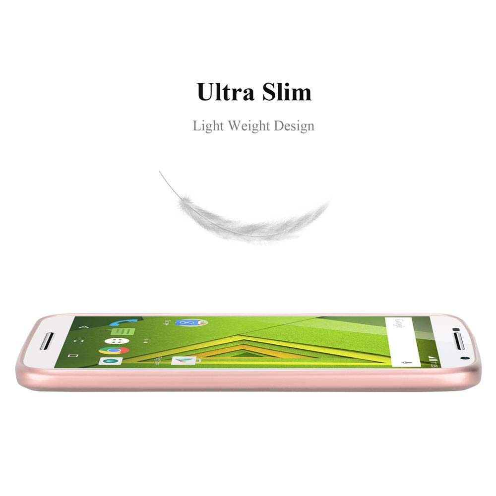 Ein roségoldenes Smartphone mit grün-weißem Bildschirm wird angezeigt. Darüber befindet sich eine Feder und der Text 'Ultra Slim'.