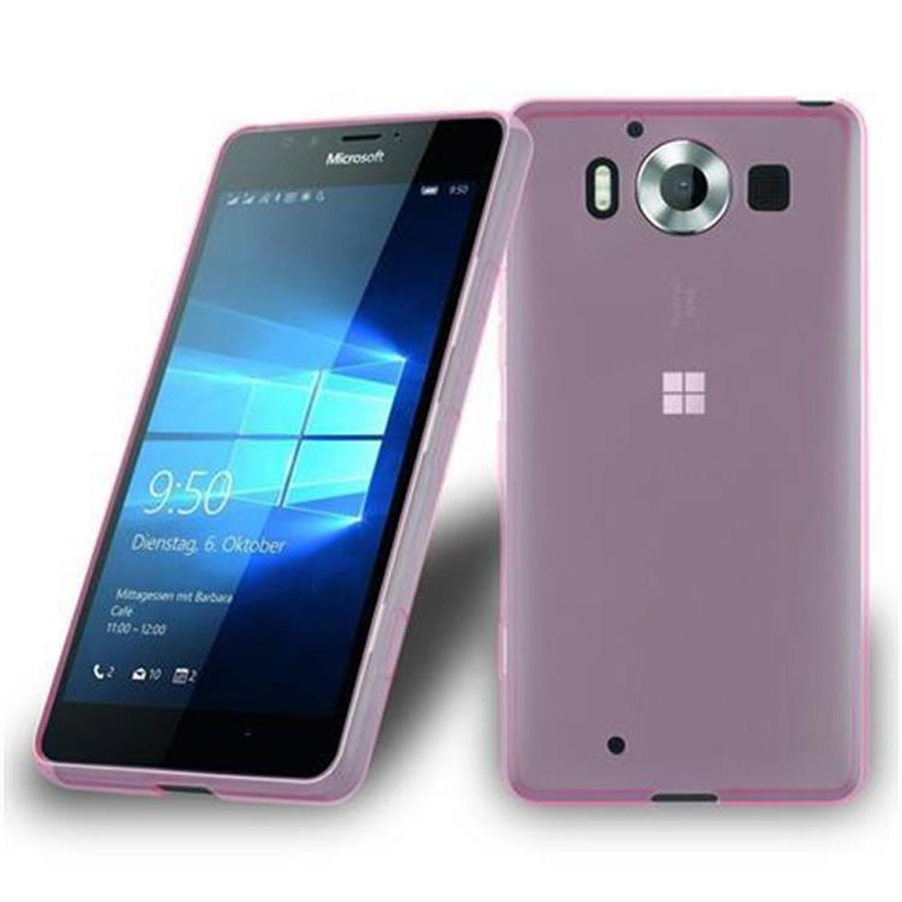 Due smartphone Microsoft rosa. Uno mostra lo schermo con ora e data, l'altro il retro con una fotocamera.