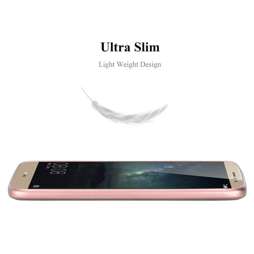 Ein roségoldenes Smartphone, das den Bildschirm zeigt. Darüber schwebt eine Feder mit den Worten Ultra Slim und Light Weight Design.