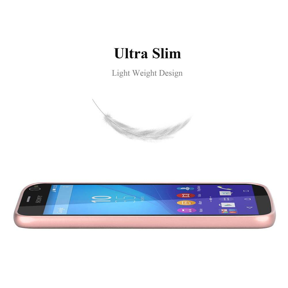 Un smartphone Sony rosa dorado yace horizontalmente. El texto 'Ultra Slim, Light Weight Design' y un gráfico de pluma están encima del teléfono.
