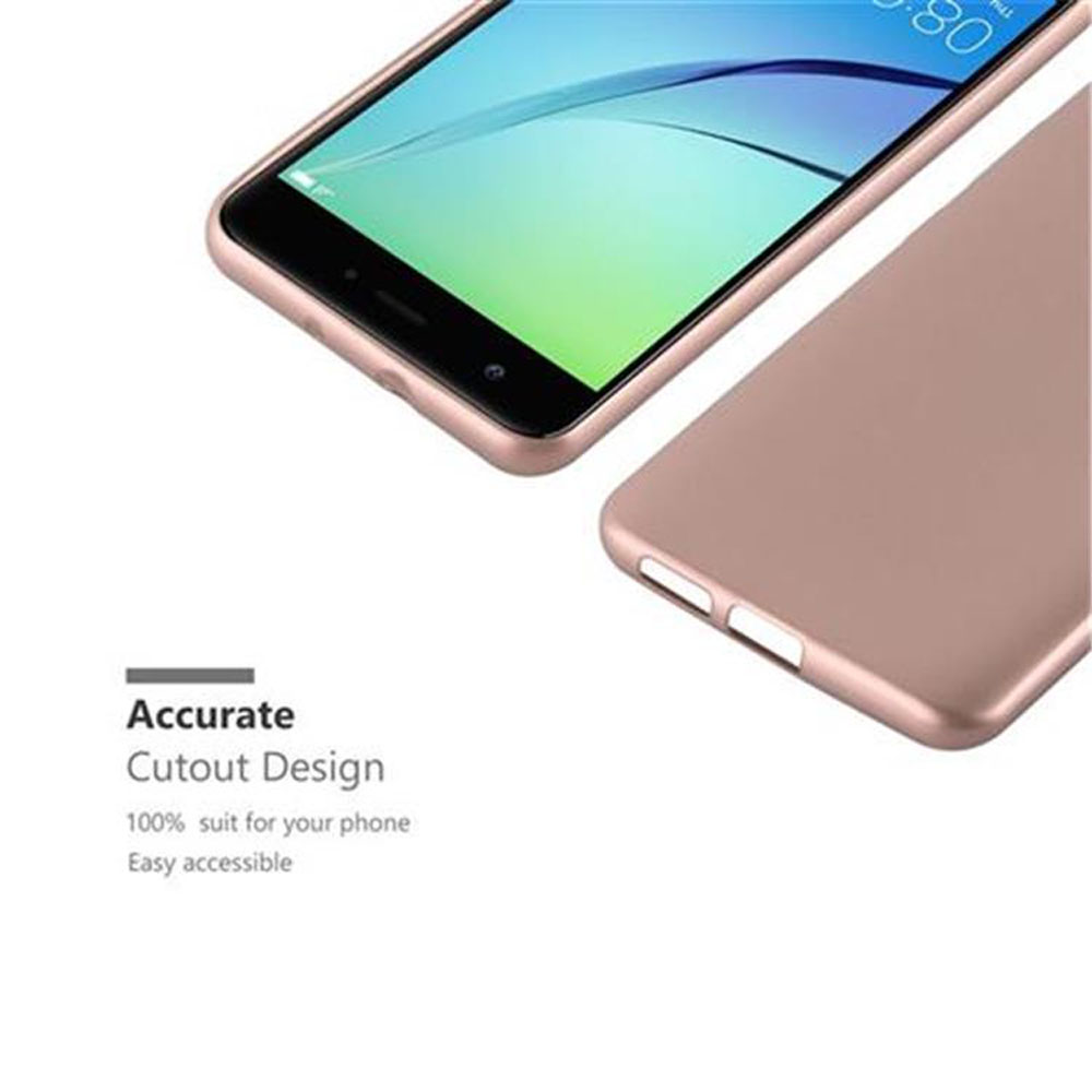 Ein Smartphone und eine Hülle, roségoldfarben. Der Bildschirm zeigt eine hellblaue Oberfläche. Text: Accurate Cutout Design.