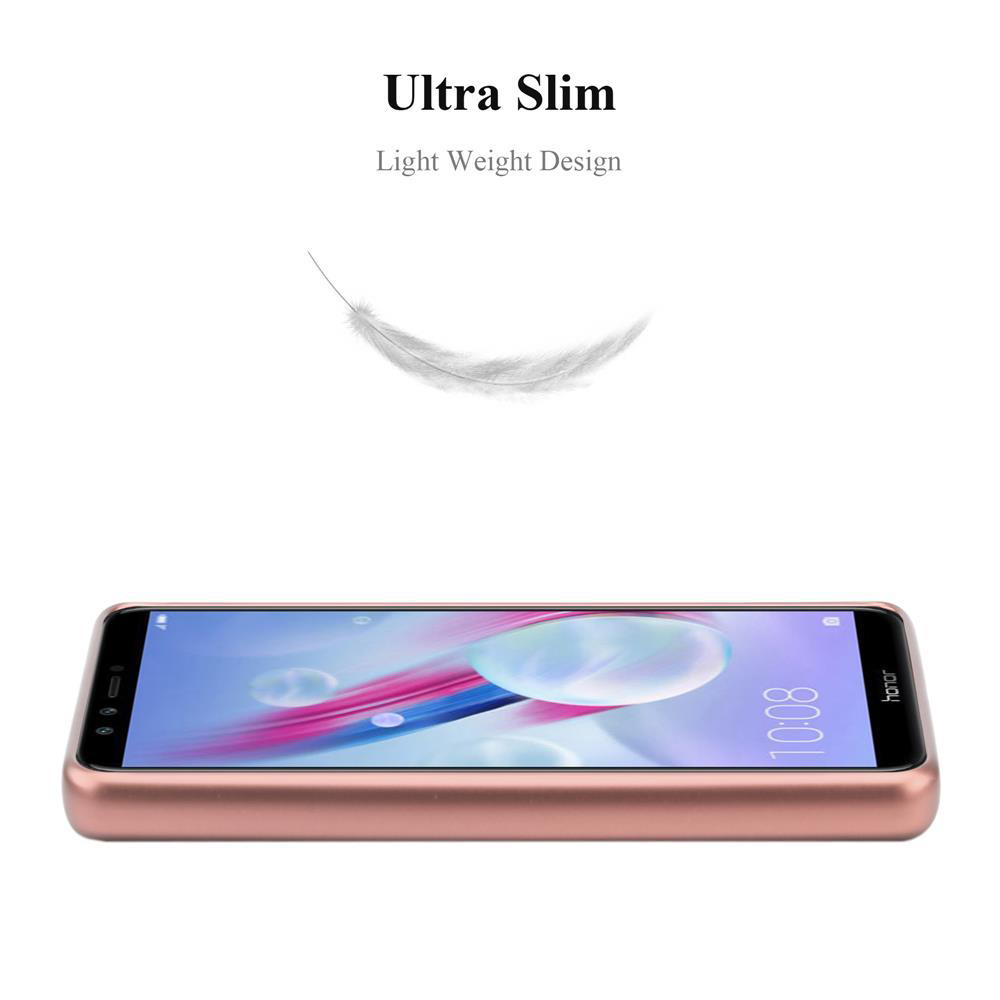 Un teléfono oro rosa con una pluma ligera y texto 'Ultra Slim, Light Weight Design'. La pantalla muestra un reloj digital.