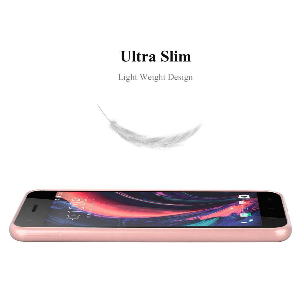 Uno smartphone rosa su una superficie bianca. Sopra le parole 'Ultra Slim' e 'Light Weight Design' con una piuma.